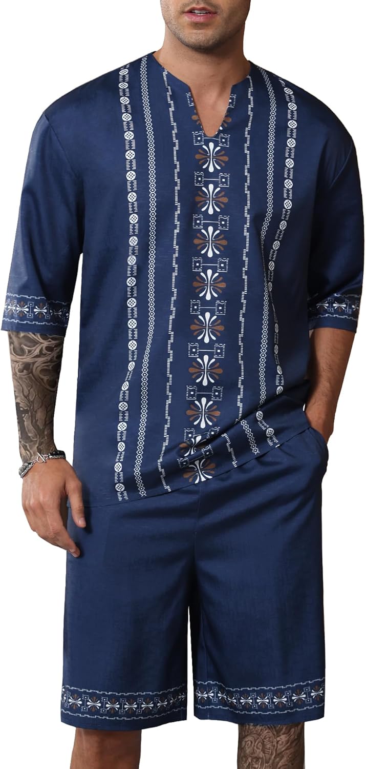 OYOZONE Men's Print Linen Shirts and Shorts Set Short Sleeve 2 Piece Beach Vacation Outfits Summer Yoga Suits With Pockets