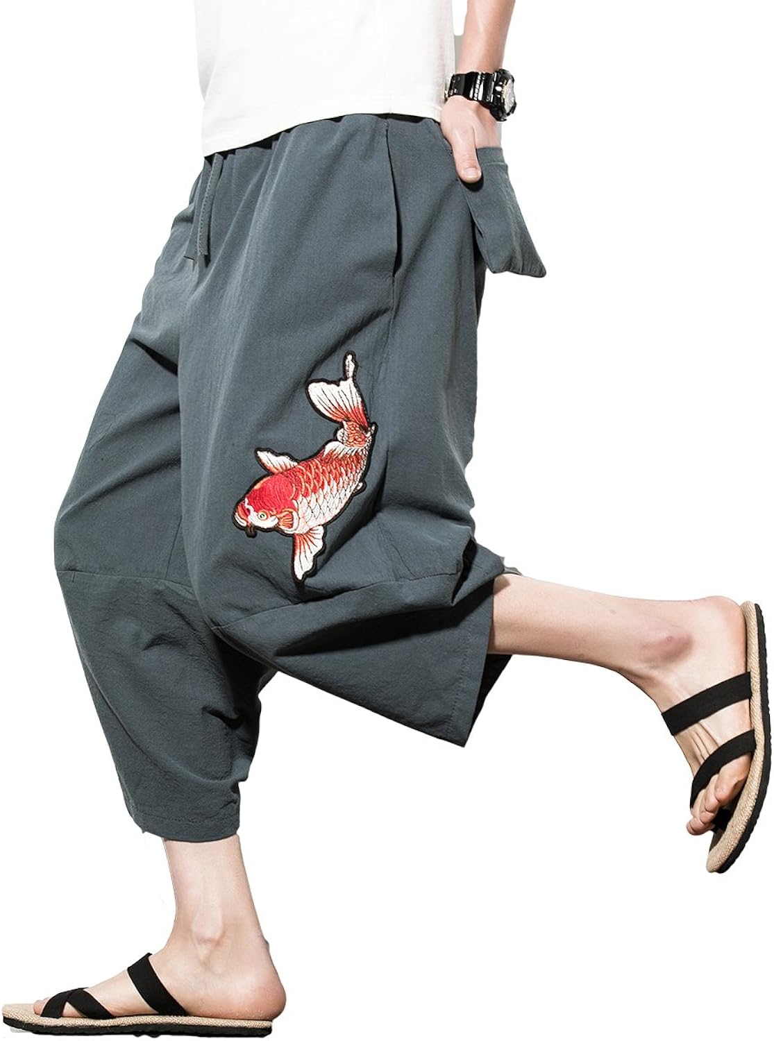 INVACHI Men's Harem Capri Pants Elastic Waist Loose Fit Drawstring Beach Yoga Trousers with Pockets