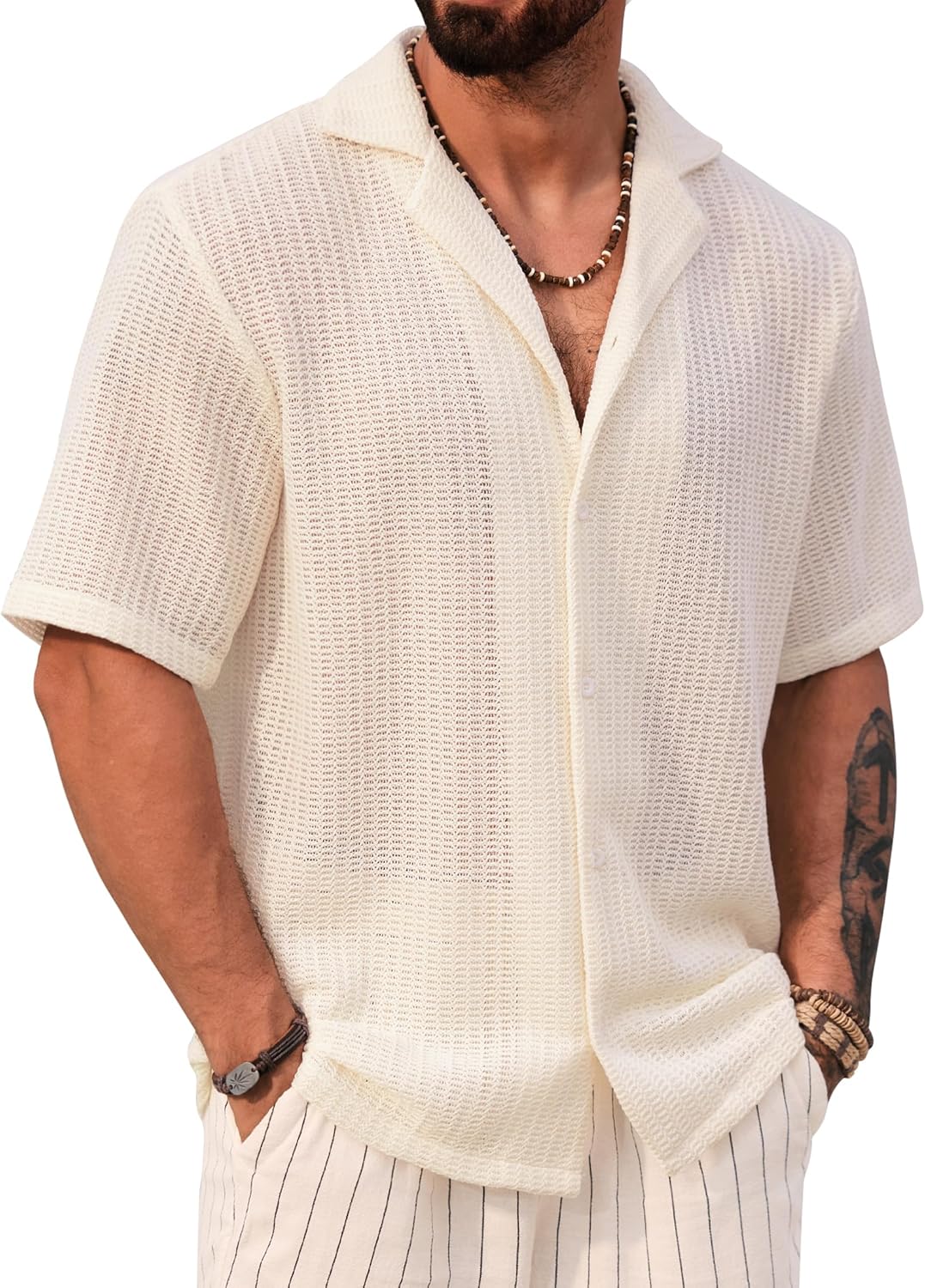 Herberton Men Summer Beach Shirts Stylish Hollow Out Button Down Shirt Casual Cuban Top (S-XXL)