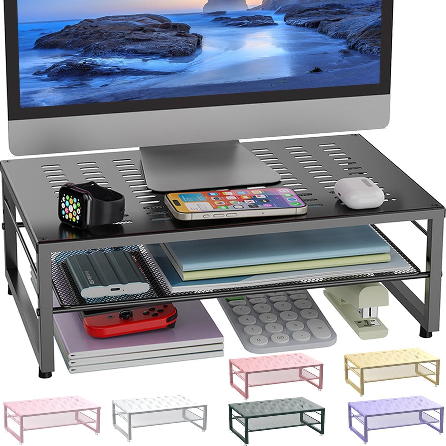 gianotter Desk Organizers and Accessories, 2-Tier Metal Monitor Stand Riser, Desk Organizer for Monitor, Office Desk Stora...