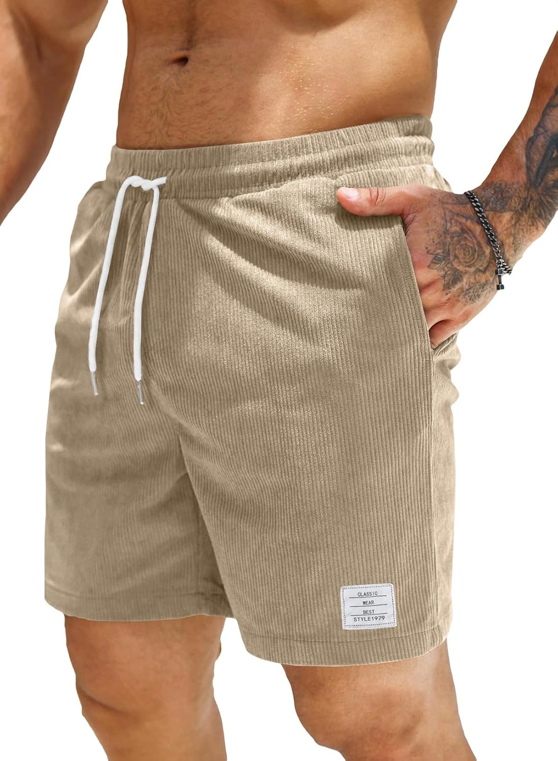 JMIERR Men's Corduroy Shorts Casual Elastic Waist Drawstring Lightweight Summer Beach Shorts
