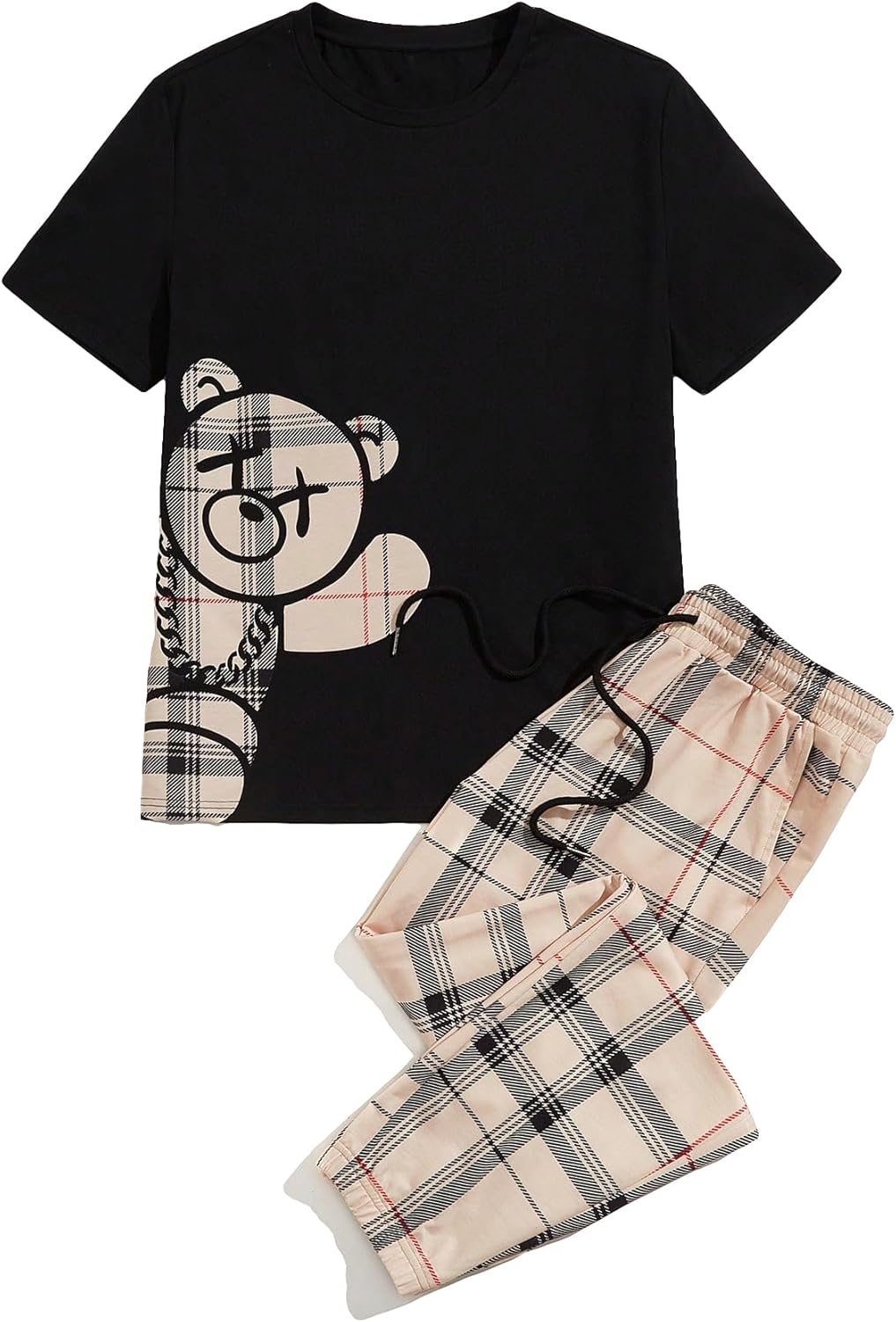 GORGLITTER Men's 2 Piece Outfits Bear Graphic Print Short Sleeve T-Shirt and Plaid Elastic Waist Pants Set