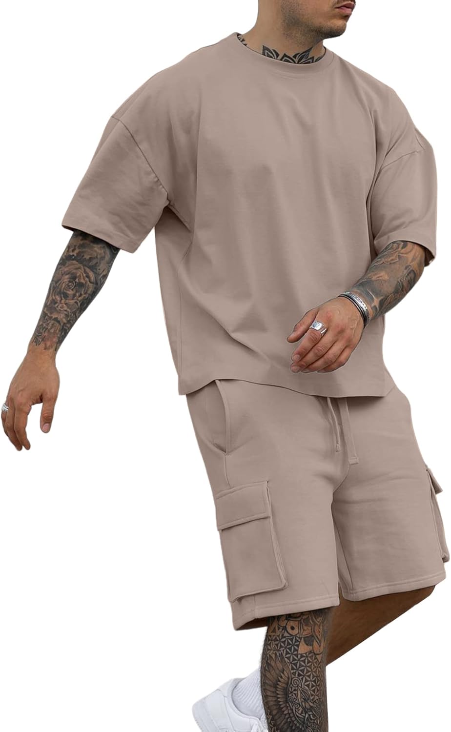 YawYews Men's 2 Piece Outfits Casual Tracksuit Cargo Shorts Summer Athletic Drop Shoulder Sleeve Sportwear Set