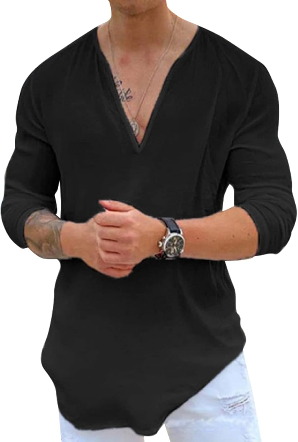 Rela Bota Mens Hawaiian V-Neck Shirt Solid Hippie Shirts Yoga Henley Shirt Beach Wear