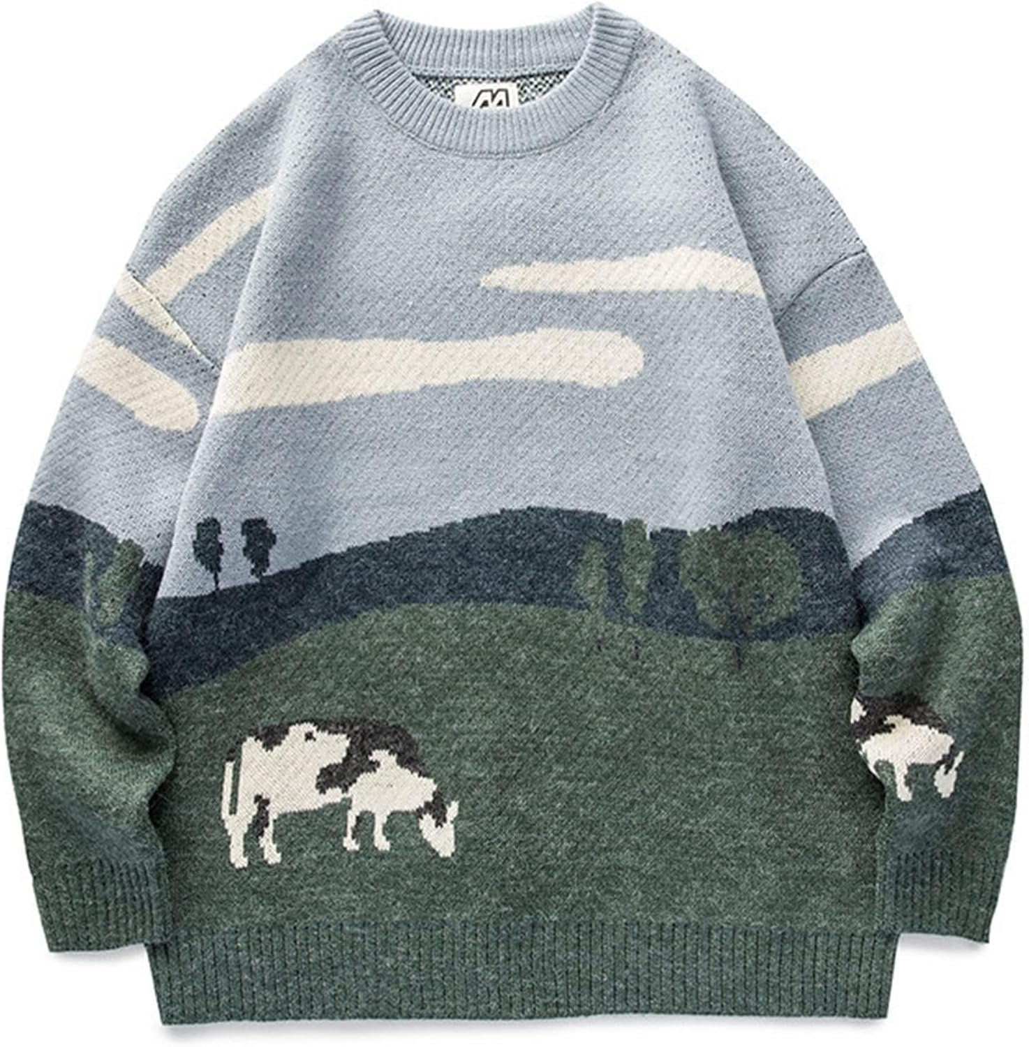 Flygo Men's Cow Sweater Harajuku Oversized Sweaters Chunky Casual Knit Pullover Jumper Fall Winter Fashion