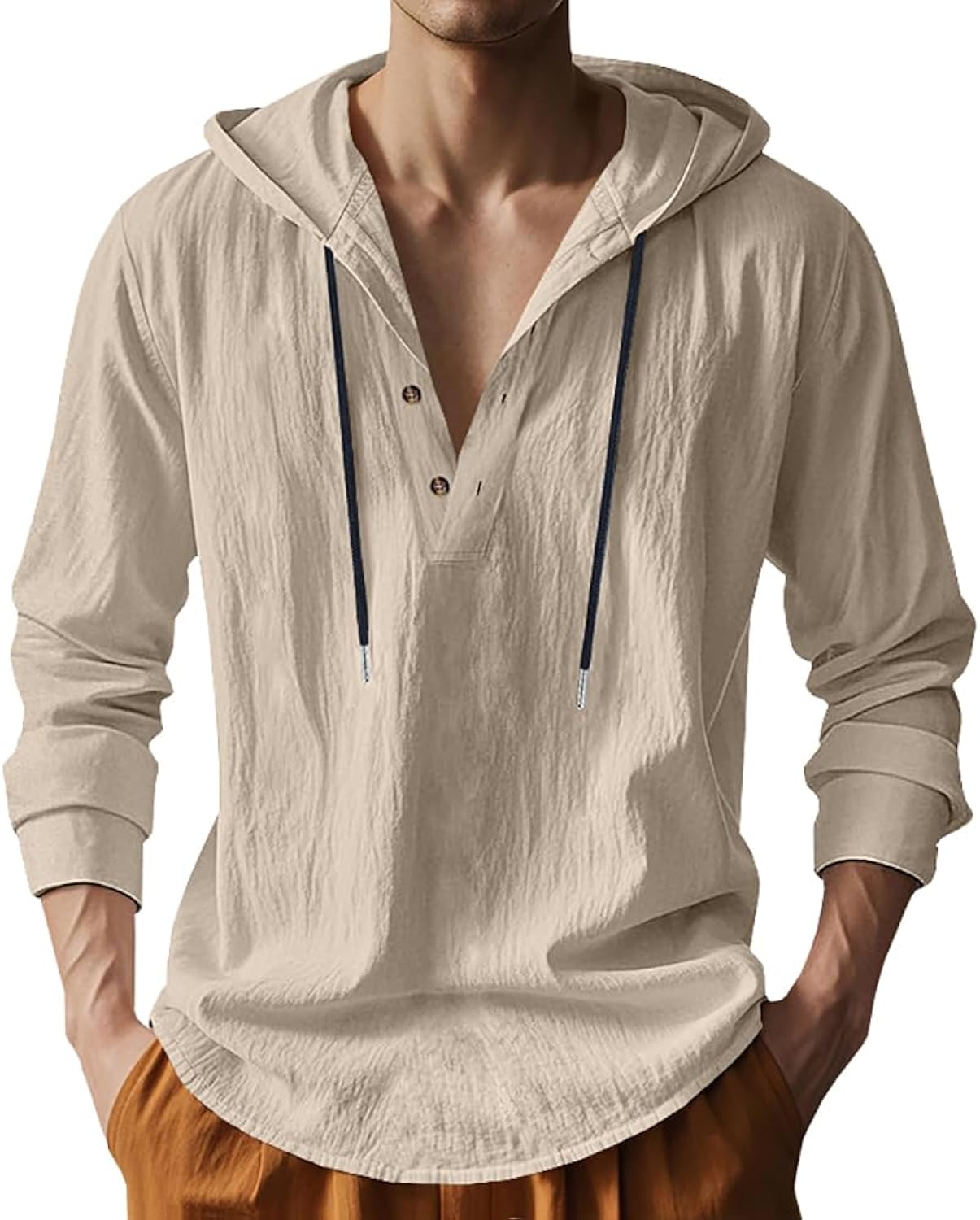 TRFIC Mens Cotton Linen Hoodies Long Sleeve Button Down Shirts Casual Hawaiian Beach Yoga Sweatshirts