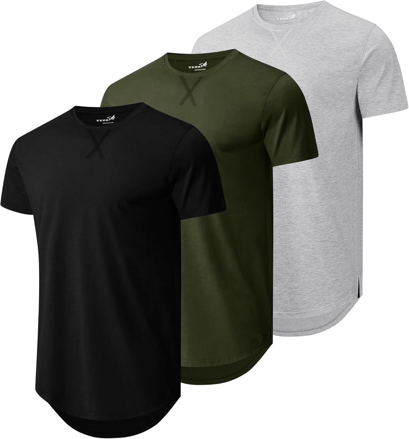 Mens 3 Pack Plain Cotton Shirts Short Sleeve Casual Crew Neck T-Shirts Hipster Hip Hop Longline Tees Drop Cut Curved Hem
