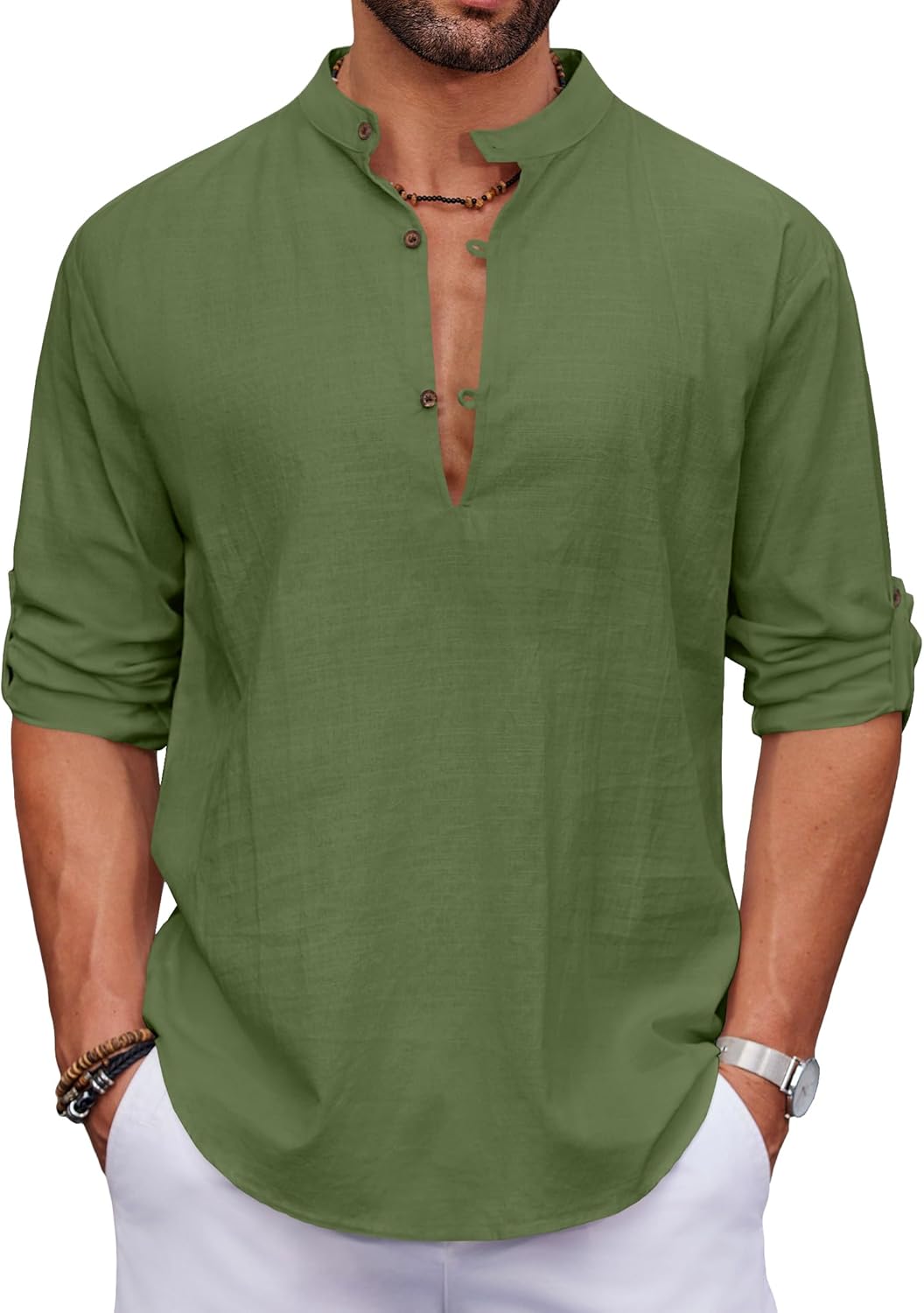 COOFANDY Men's Cotton Linen Henley Shirt Casual Beach Hippie Shirts Long Sleeve T-Shirts