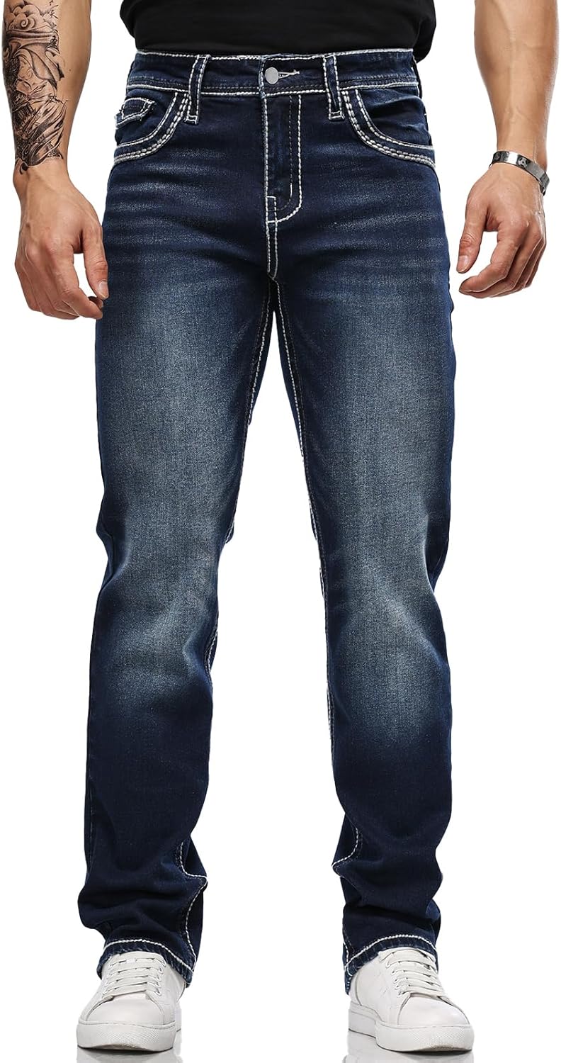 Men's Stretch Denim Jeans Classic Jeans with Embroidered Design, ESDVD Street Style Regular Jeans Relaxed Fit Pants Comfy