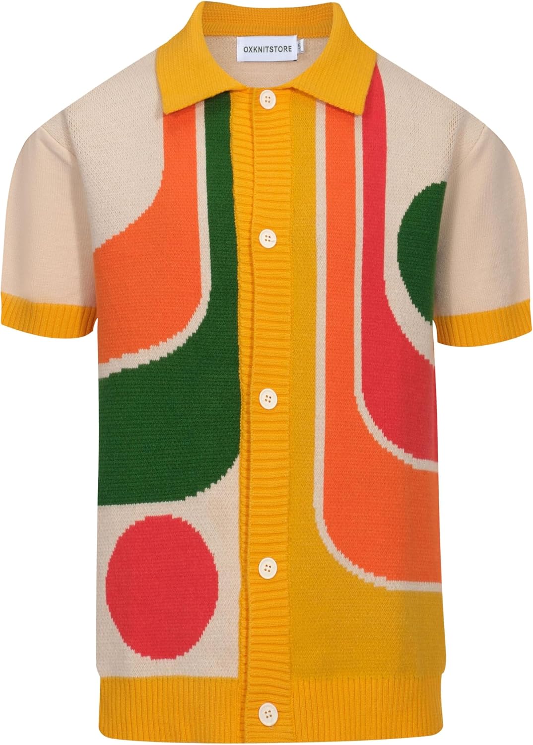 OXKNIT Mens Casual 60s Retro Geometric Knitted Short Sleeve Vintage Button Down Golf Polo