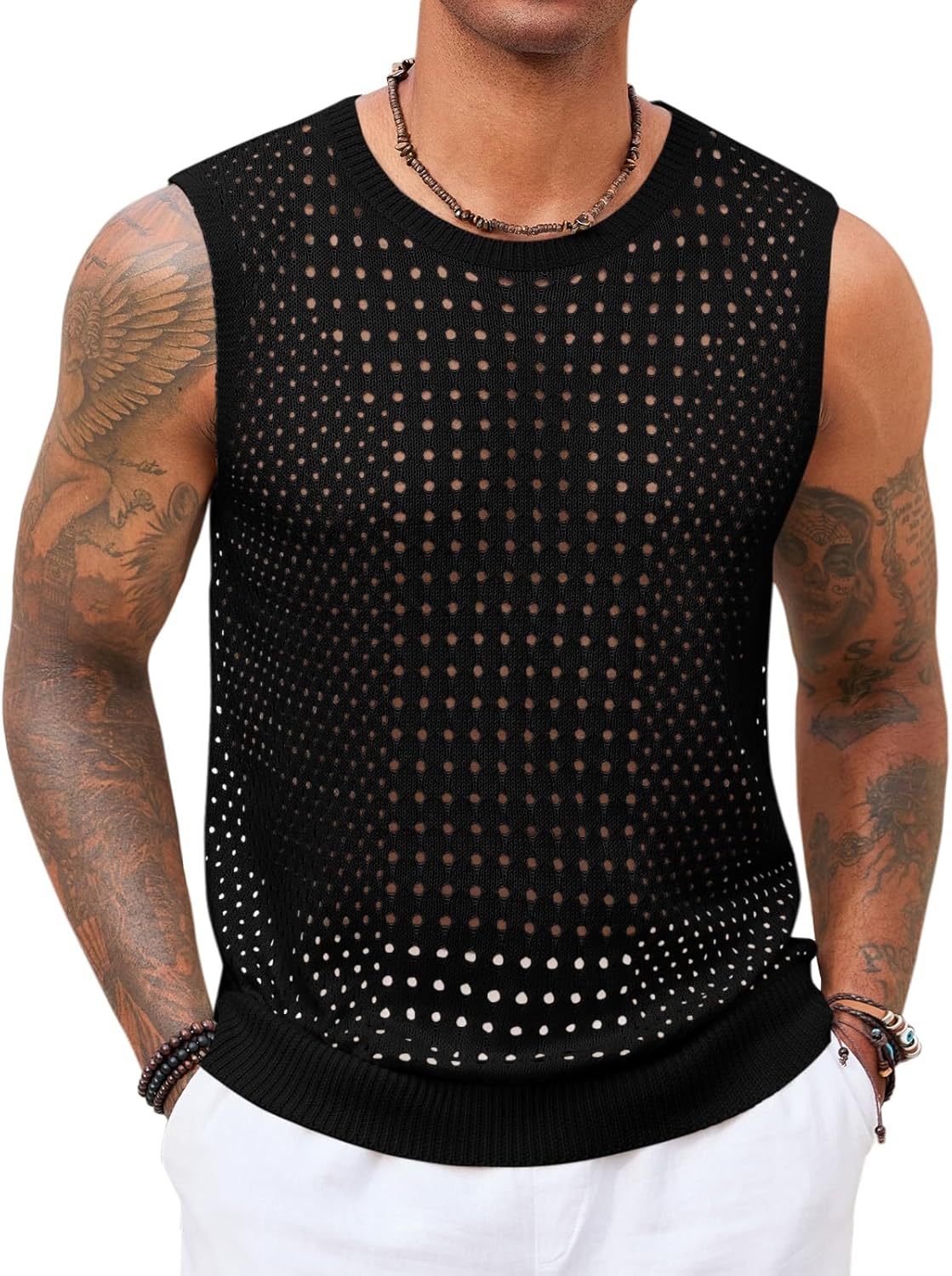 Runcati Mens Knit Sleeveless Tank Tops Casual Hollow Out T Shirts Beach Summer See Through Tops
