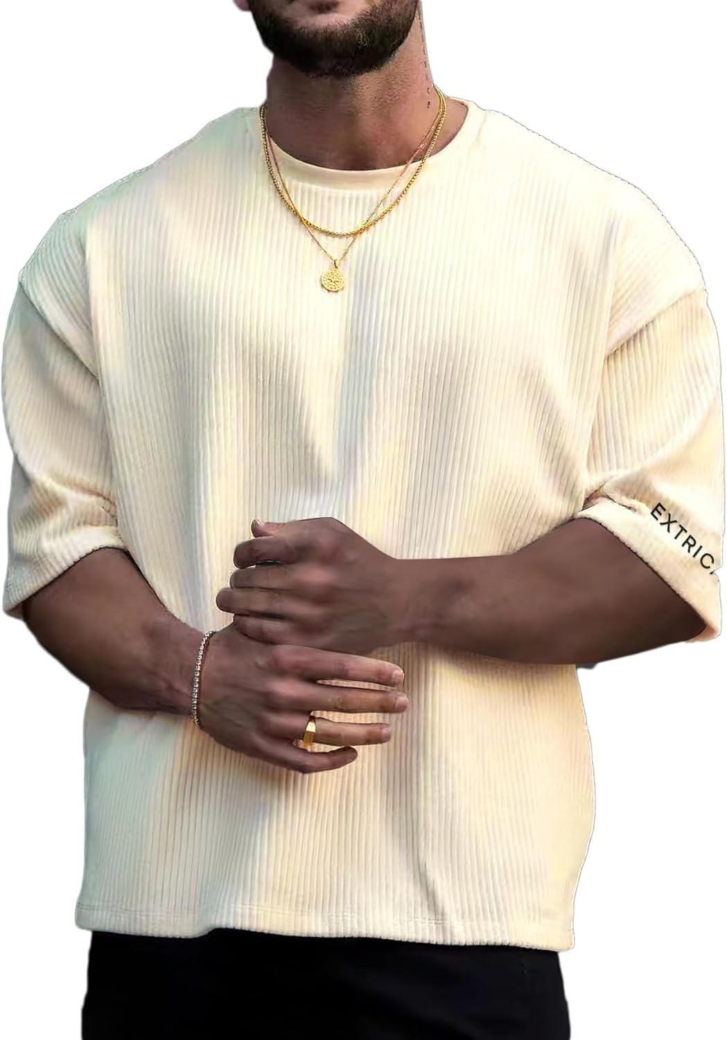 Verdusa Men's Casual Oversized Shirt Drop Shoulder Round Neck Cropped Tops Half Sleeve T Shirts