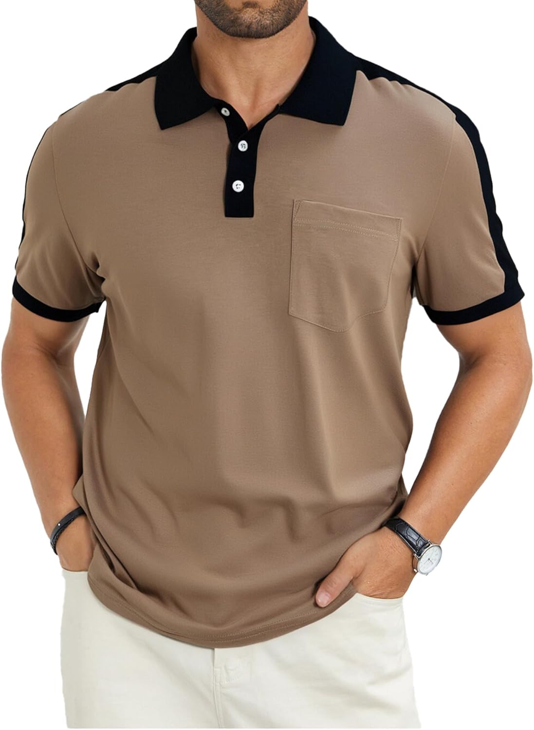 LuxMania Men's Casual Polo Shirts Short Sleeve Classic Button Shirt Fashion Cotton Golf Tops with Pocket