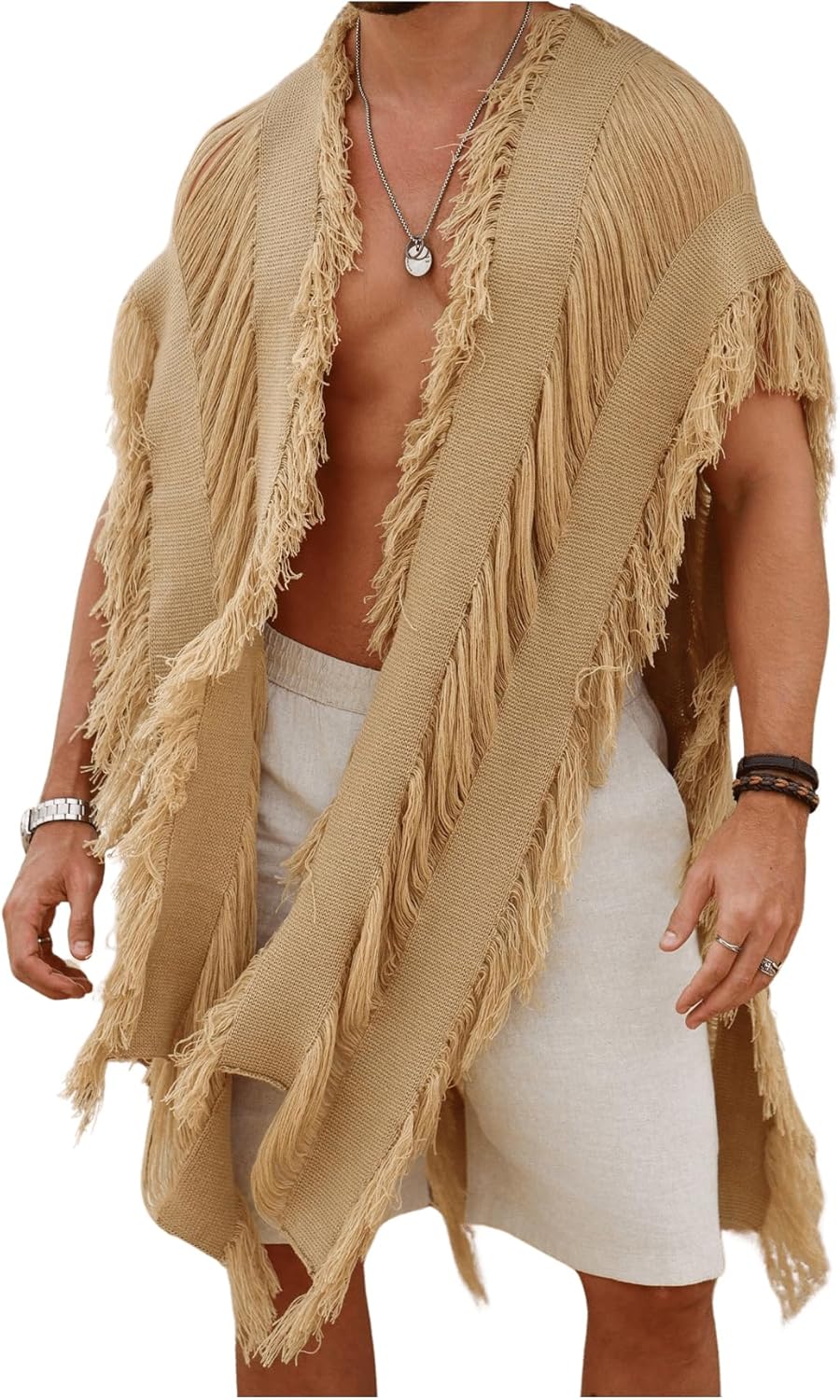 Verdusa Men's Open Front Fringe Loose Cardigan Cape Knit Shawl Wrap