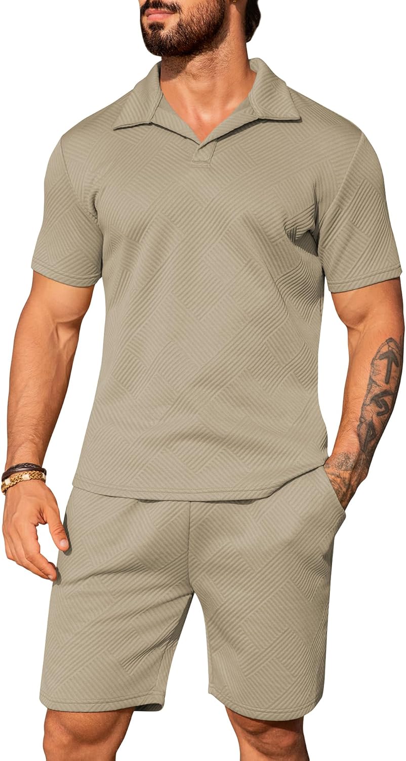 URRU Men's 2 Piece Short Sets Summer Outfits Short Sleeve Polo Shirt and Shorts Set Casual Beach Outfits