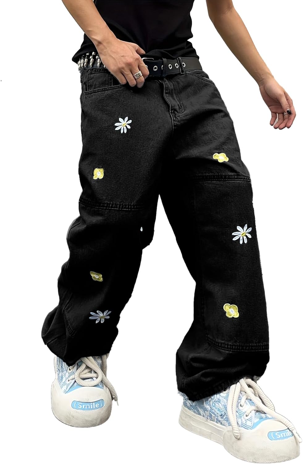 DFGIGT Mens Baggy Jeans Patchwork Flower Daisy Embroidery Skater Denim Pant Y2k Hip Hop Wide Leg Jeans