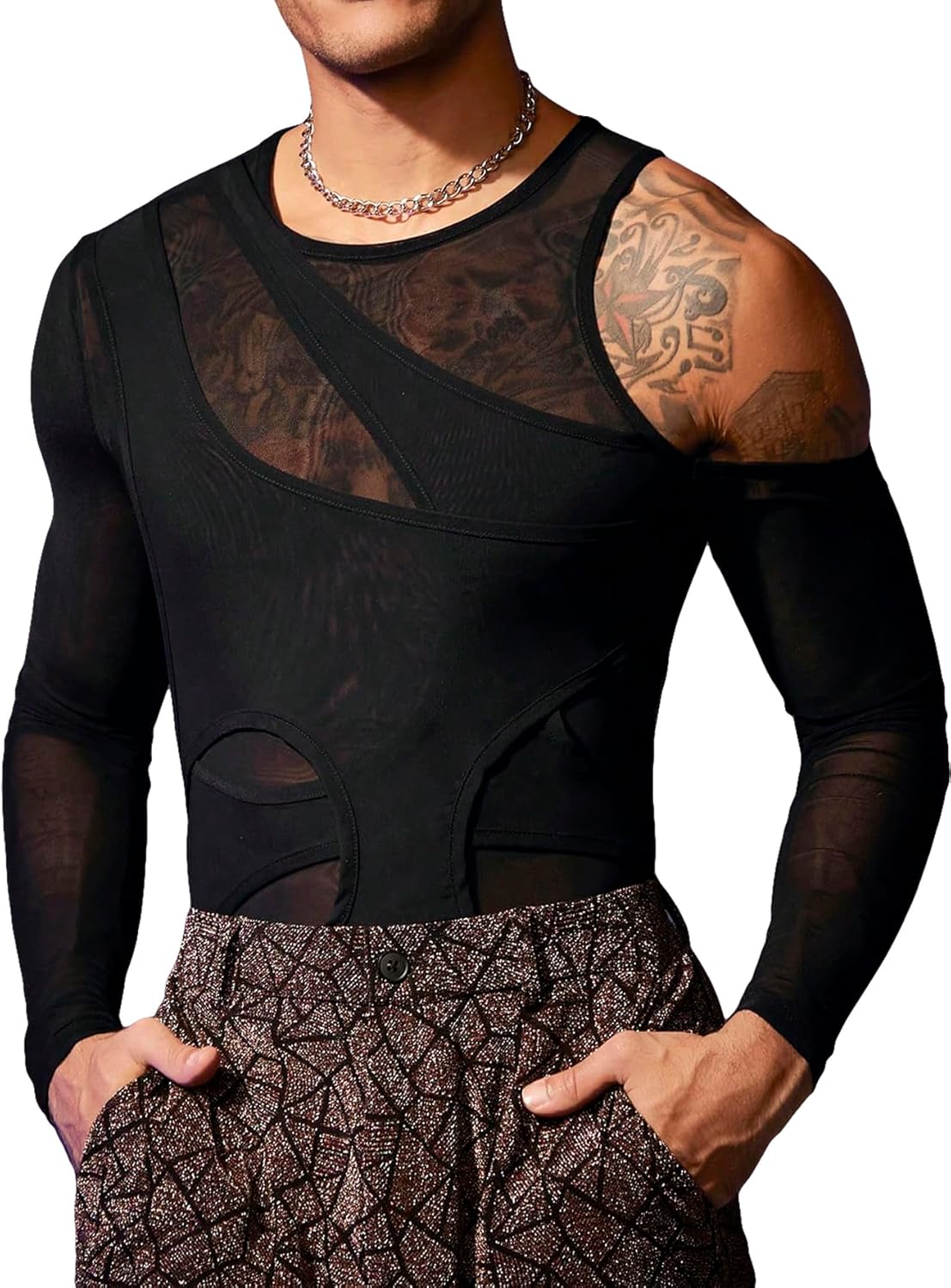 WDIRARA Men's cut out cold shoulder mesh solid round neck long sleeve tee shirts