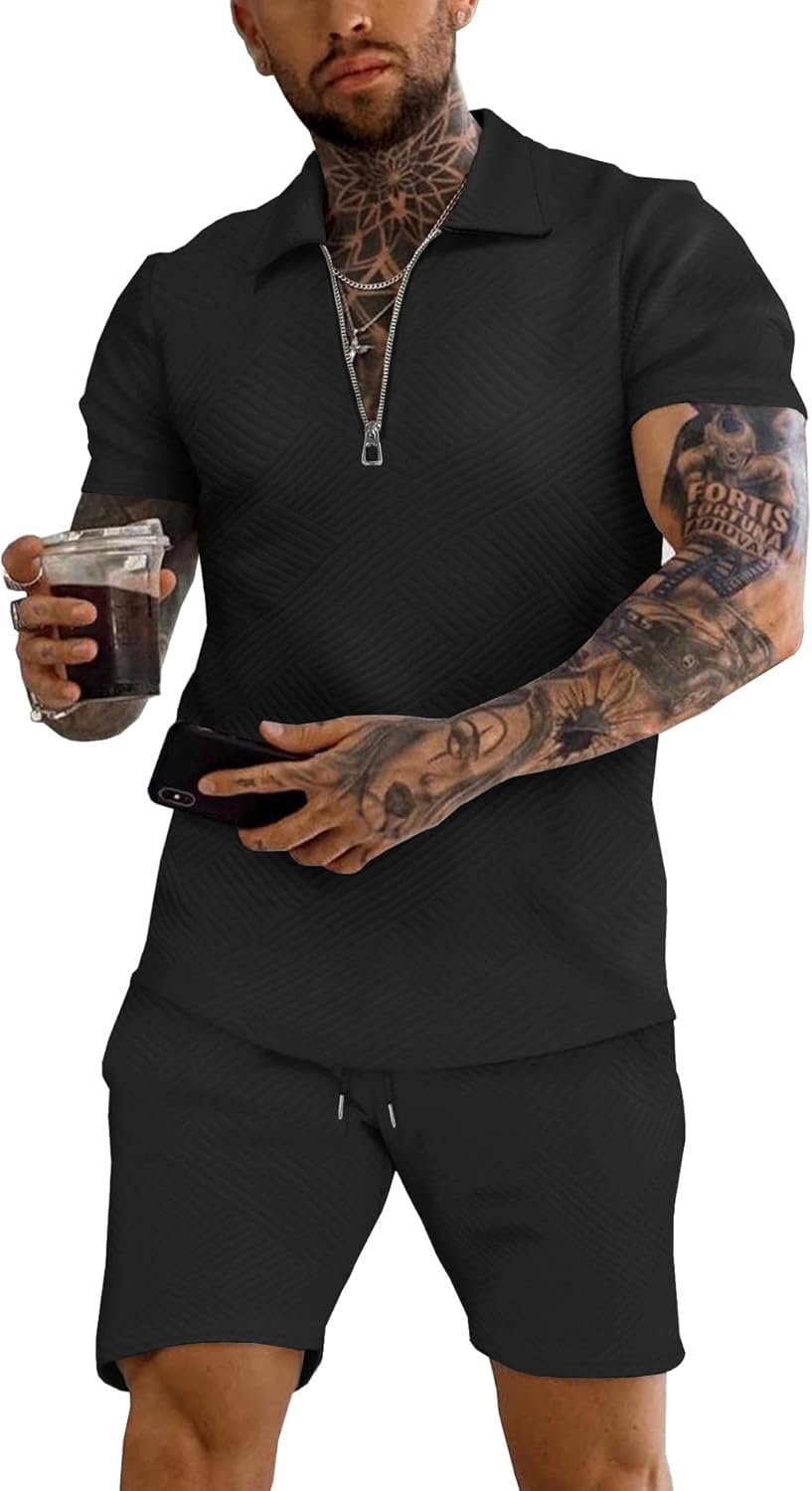 URRU Men's Polo Shirt and Shorts Set Summer Outfits Fashion Casual Short Sleeve Polo Suit for Men 2 Piece Short Set