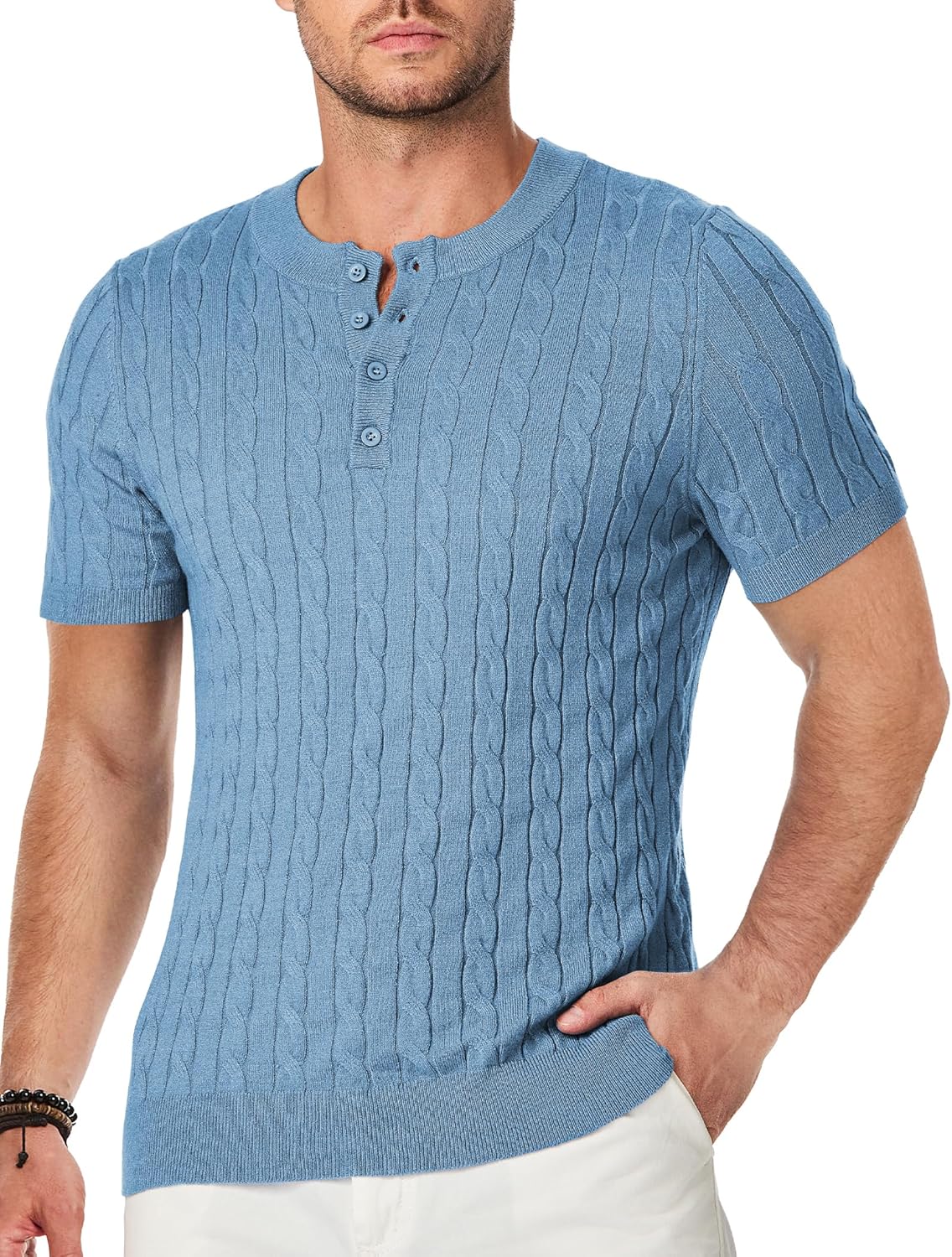 JMIERR Men's Knit Henley Shirts Casual Short Sleeve Button T-Shirt Cable Knitted Polo Shirts Golf Shirt