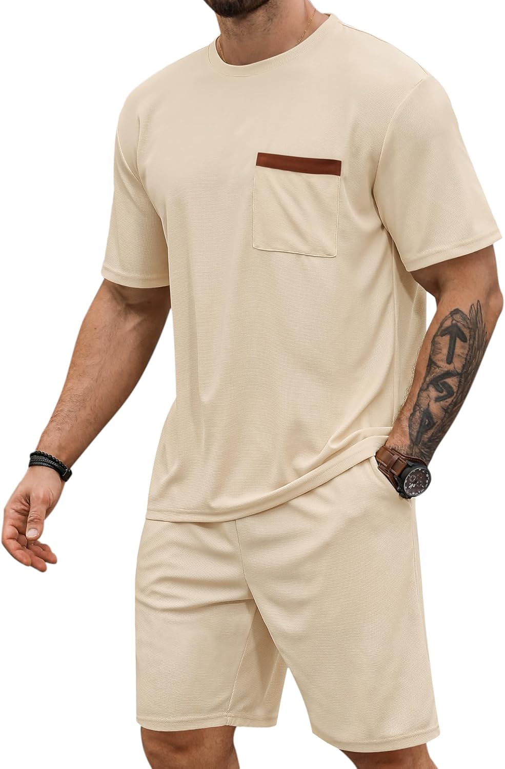 Babioboa Men's Short Sleeve Tracksuit Summer T Shirt & Shorts set Pocket Waffle Solid Two Piece Casual Daily Duty-off
