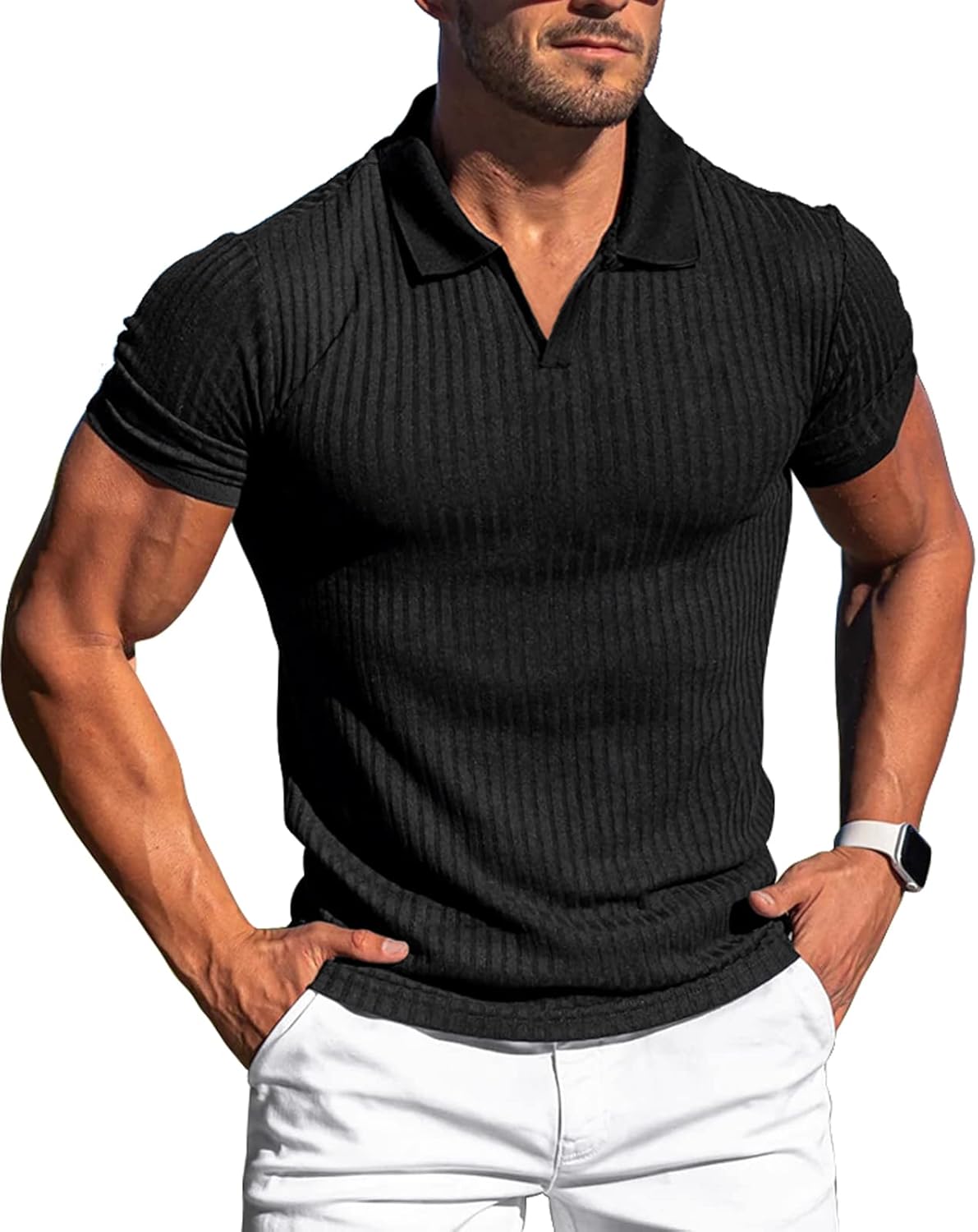 Collared Muscle Shirts for Men Ribbed Knit Slim Fit Polo Shirts Short Sleeve, Mens V Neck T Shirts Casual Stylish