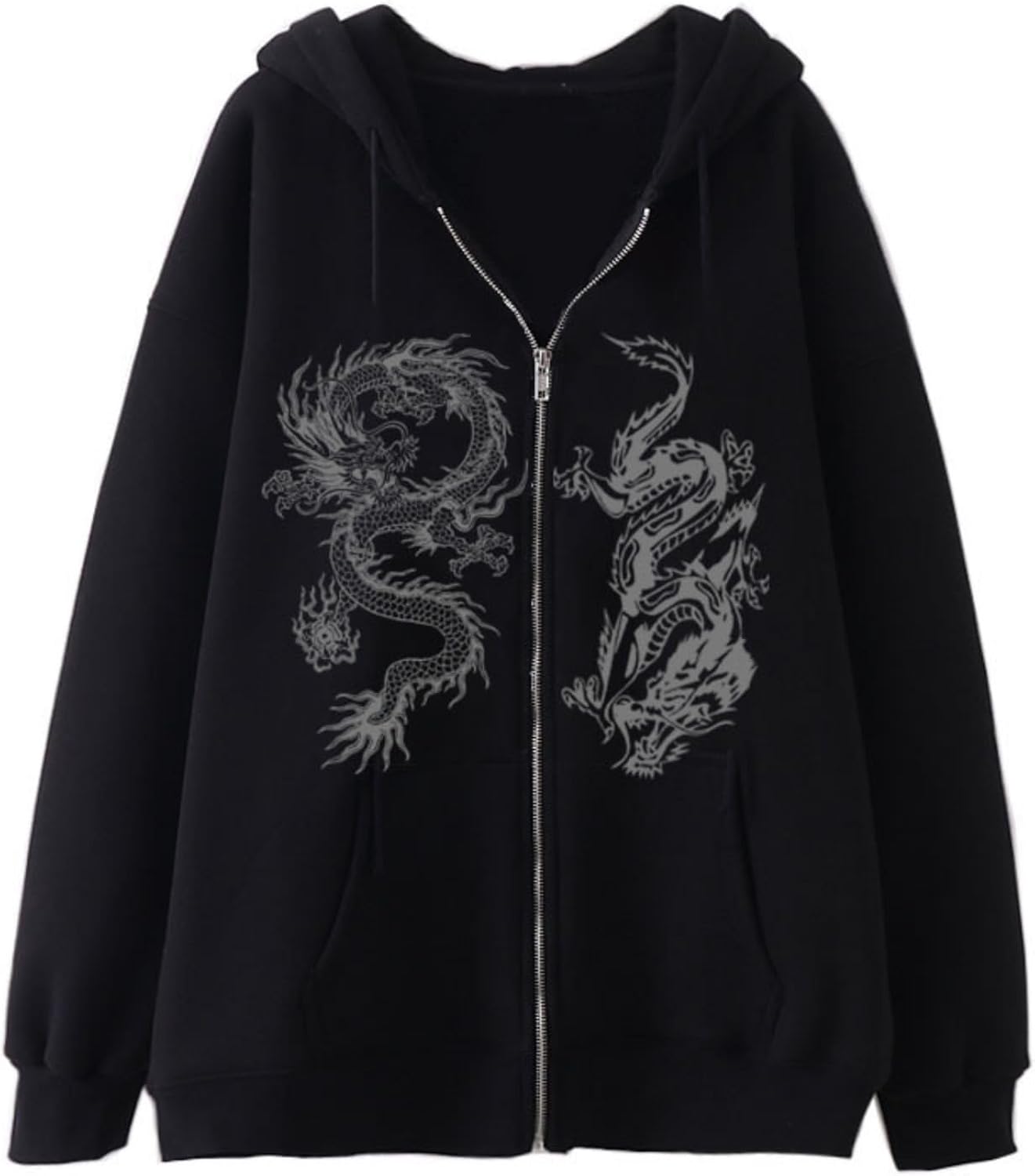 Aobiono Women Men Y2K Zip Up Oversized Hoodie Gothic Dragon Graphic Emo Grunge Alt Baggy Fleece Jacket 90s Punk Streetwear
