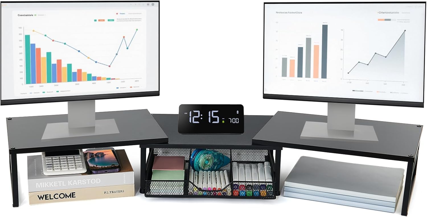 OPNICE Dual Monitor Stand Riser, Desk Organizer with Drawer, Office Desk Organizers and Accessories, Office Workspace Orga...