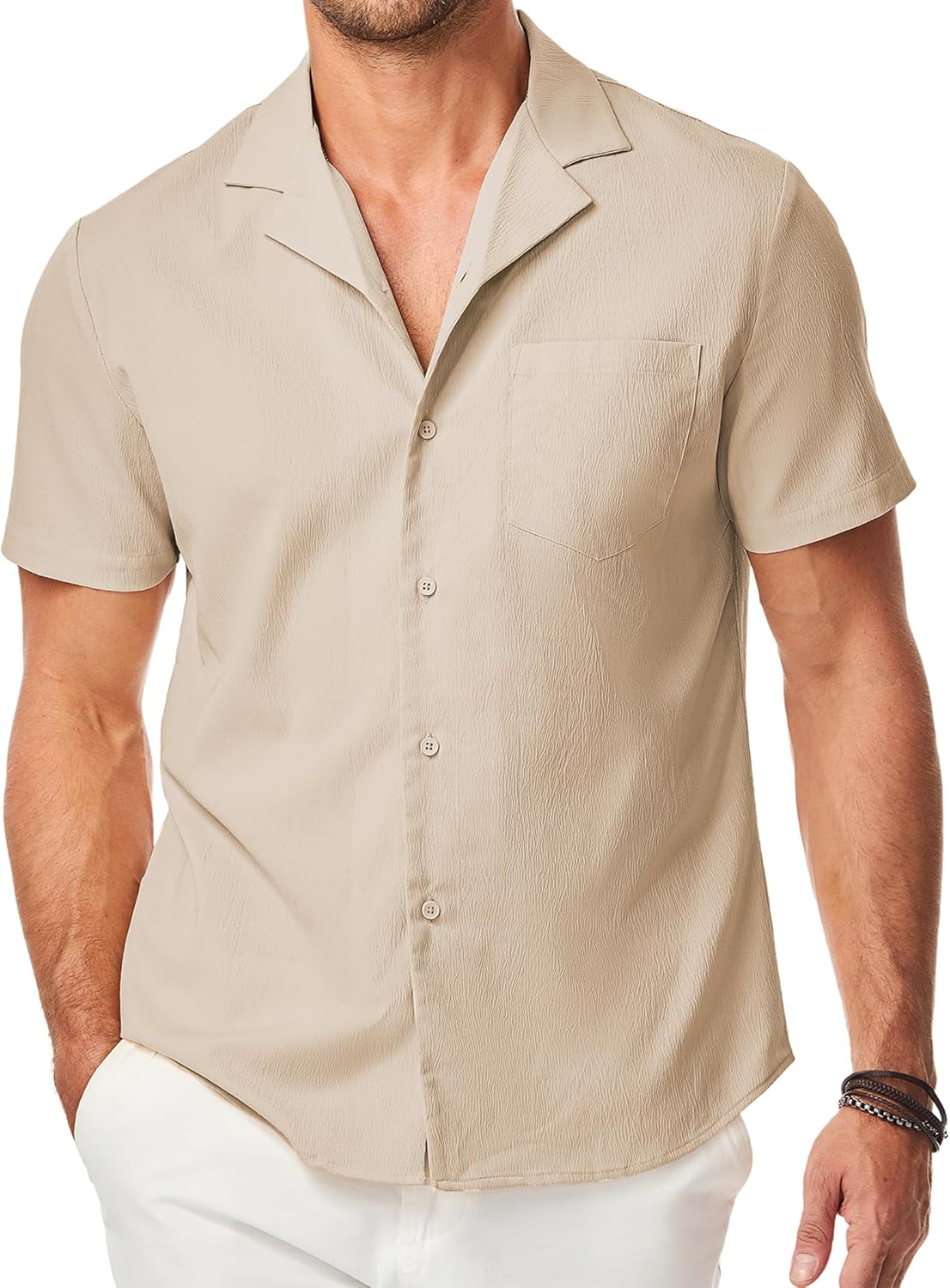 JMIERR Men's Casual Button Down Shirts Short Sleeve Textured Summer Beach Shirt Cuban Vacation Shirts with Pocket