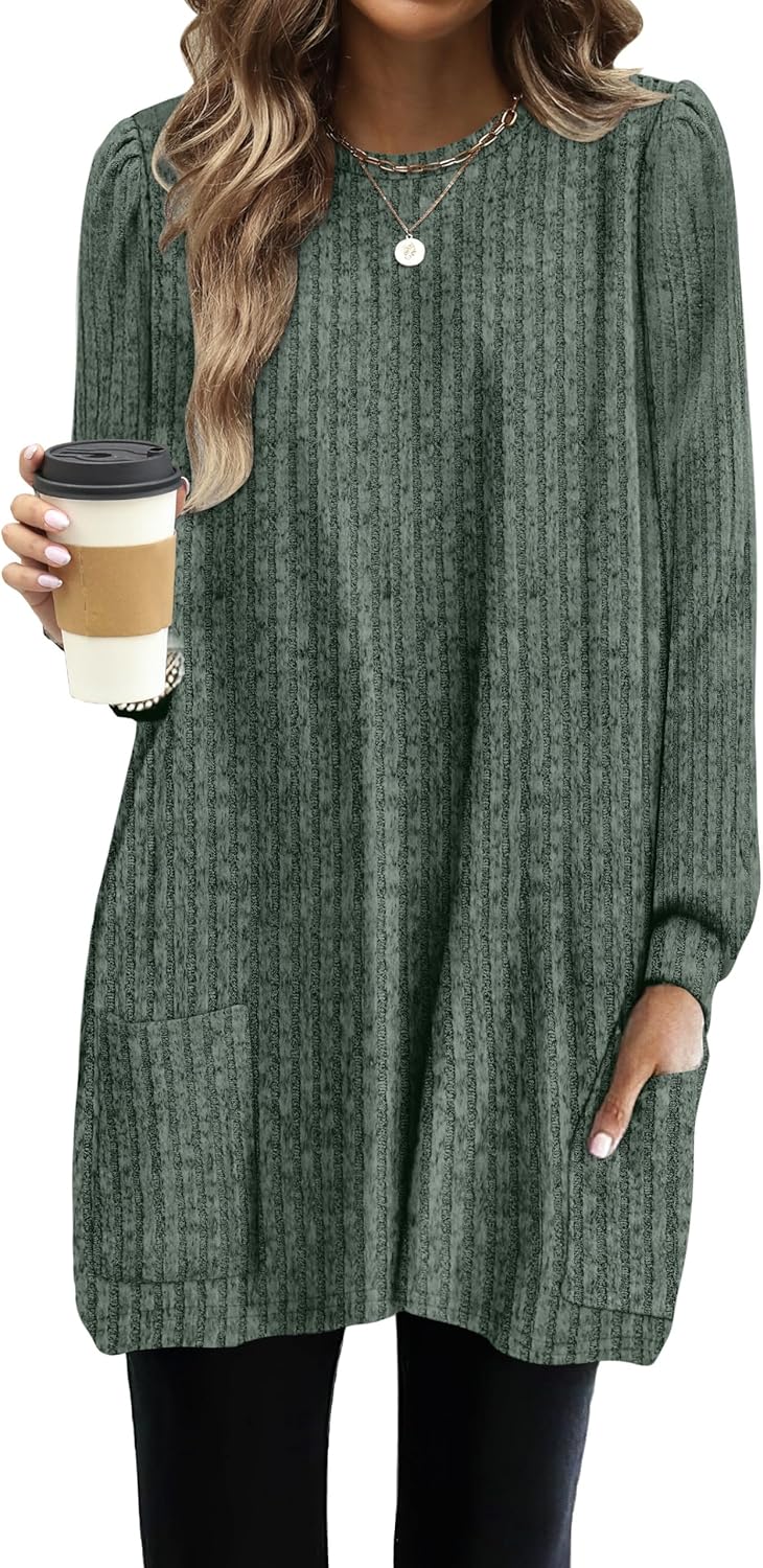 OFEEFAN Long Sleeve Shirts for Women Long Sweaters with Pockets Tunic Tops Loose Fit