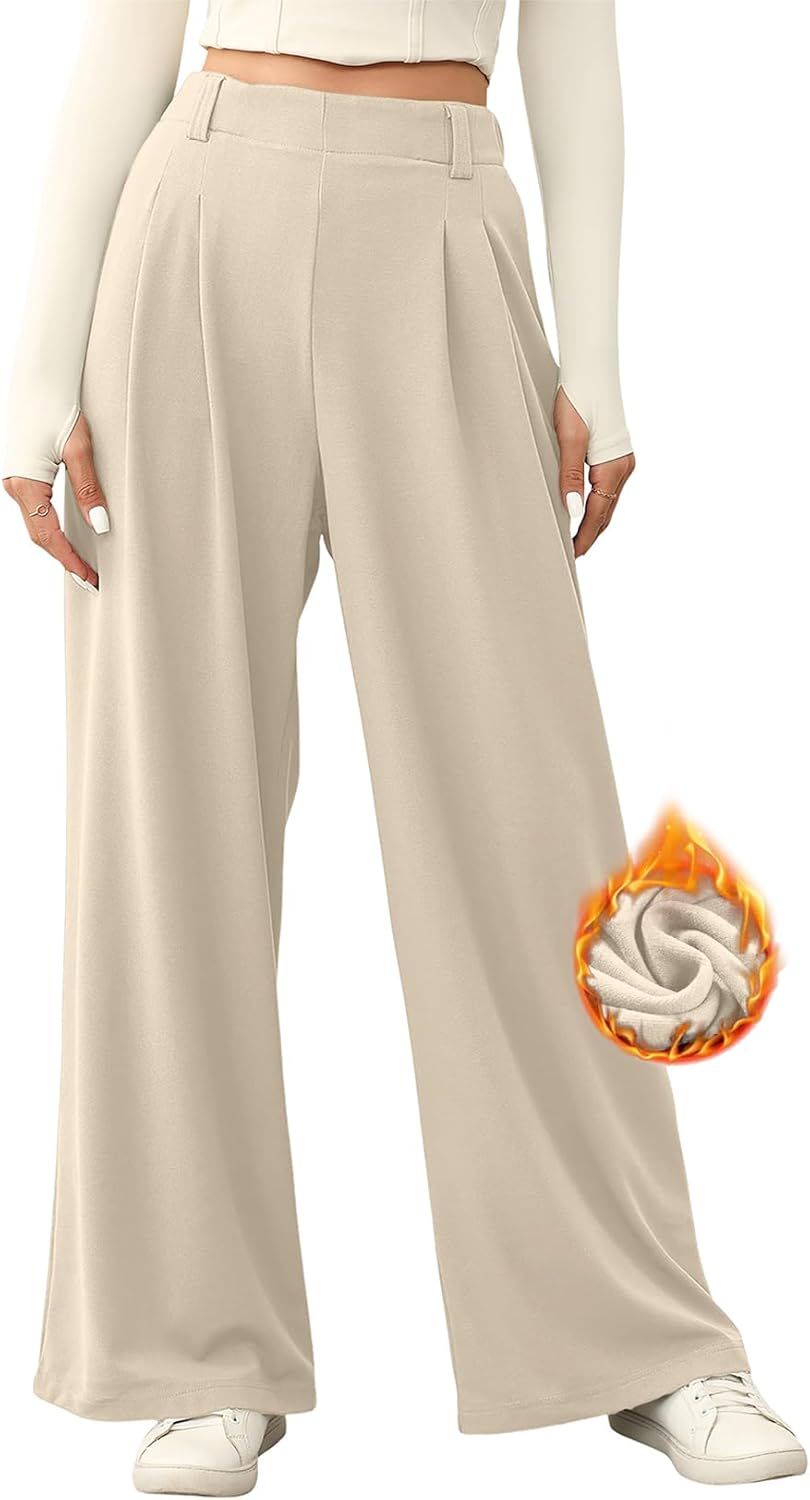 EVALESS Wide Leg Pants for Women Elastic High Waisted Waffle Knit Fleece Lined Palazzo Pants Work Trousers with Pockets