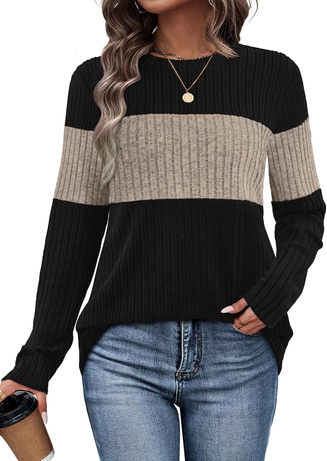WIHOLL Womens Sweaters Trendy Color Block Tops Long Sleeve Shirts Fall Outfits Early Fall Fashion 2025 Winter Clothing