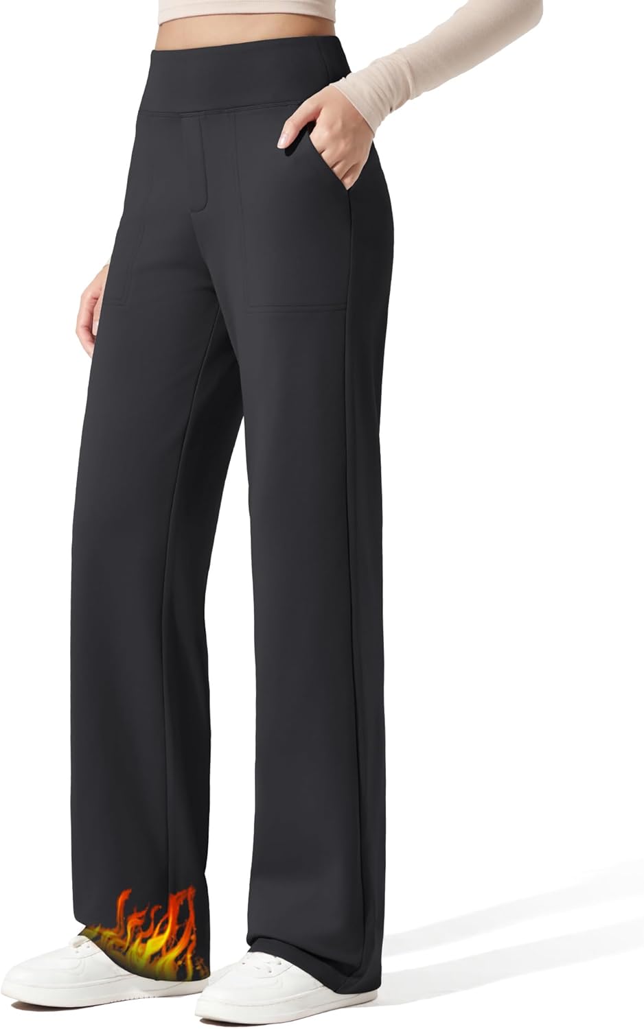 G4Free Women Fleece Lined Pants with Pockets Wide Leg Winter Thermal Work Trousers Dressy Casual Petite/Regular/Tall