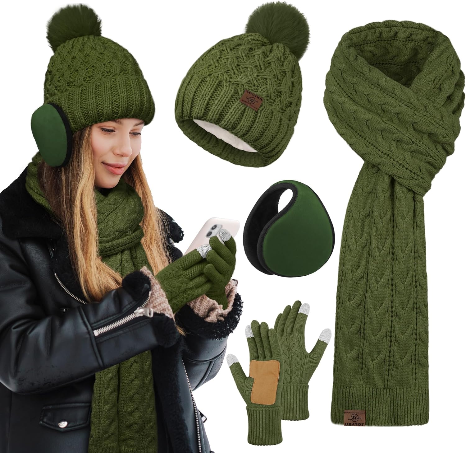 URATOT Women Winter Beanie Hat Scarf Gloves Ear Warmer 4 in 1 Set Beanie Pompom Hat Touchscreen Gloves Long Scarf Ear Warmer