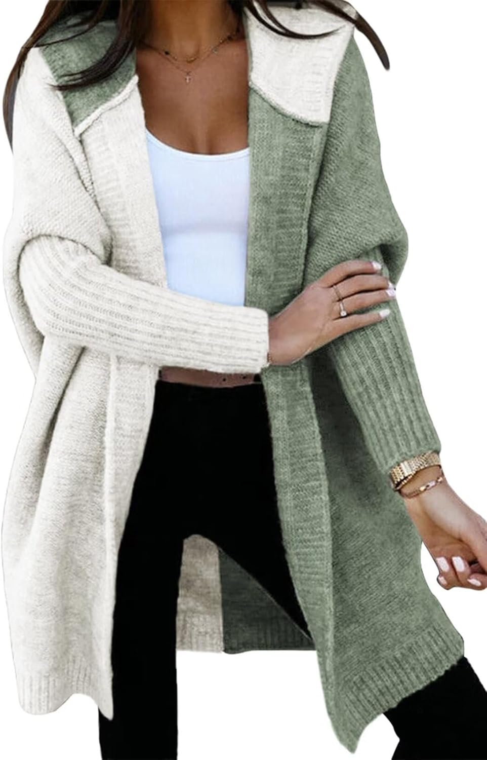 Astylish Women 2025 Fall Outfits Open Front Long Sleeve Hooded Knit Cardigan Sweaters Color Block Outwear Coats