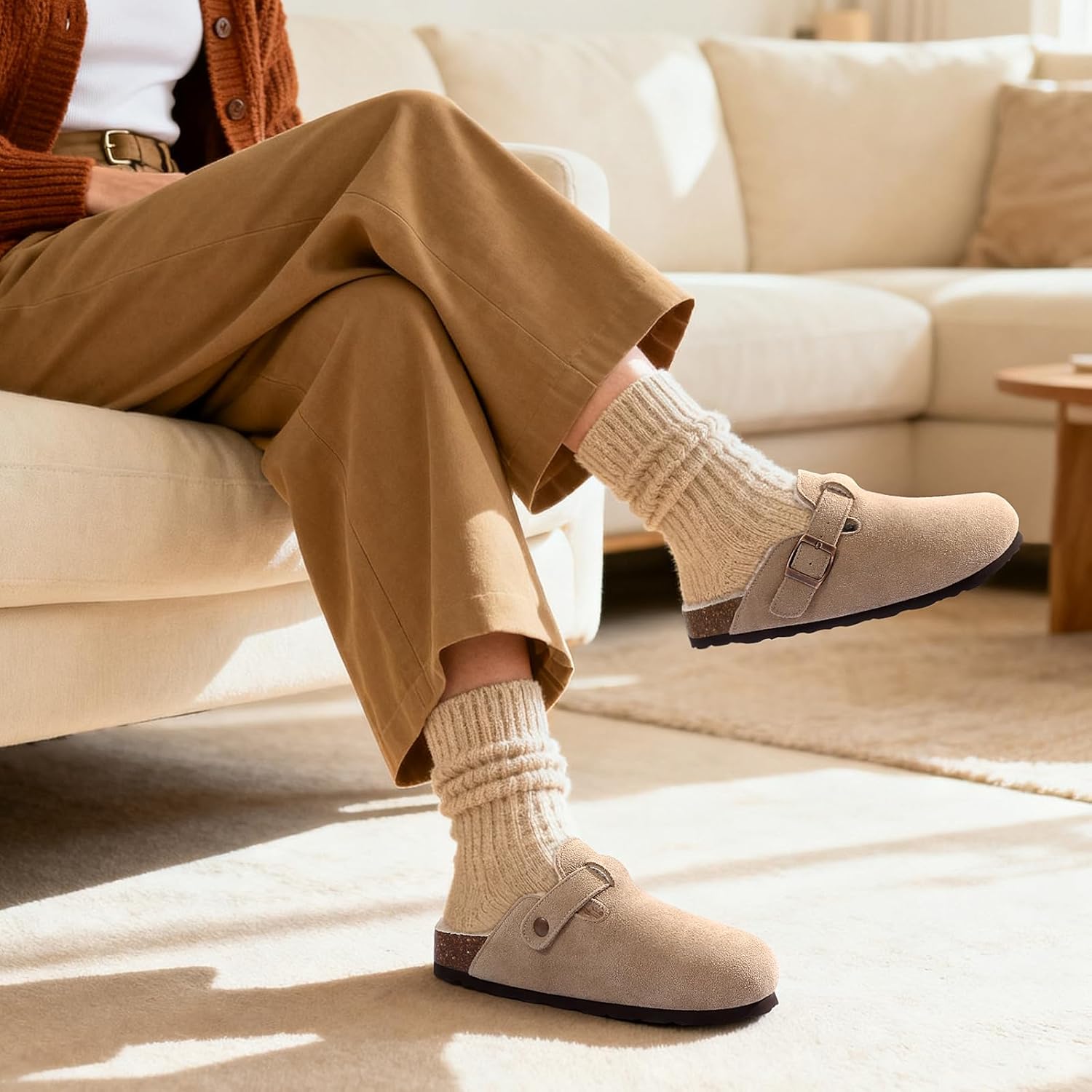 KIDMI Women's Fur Lined Suede Clogs Fuzzy Cork Footbed Mules Slip On Winter Potato Shoes