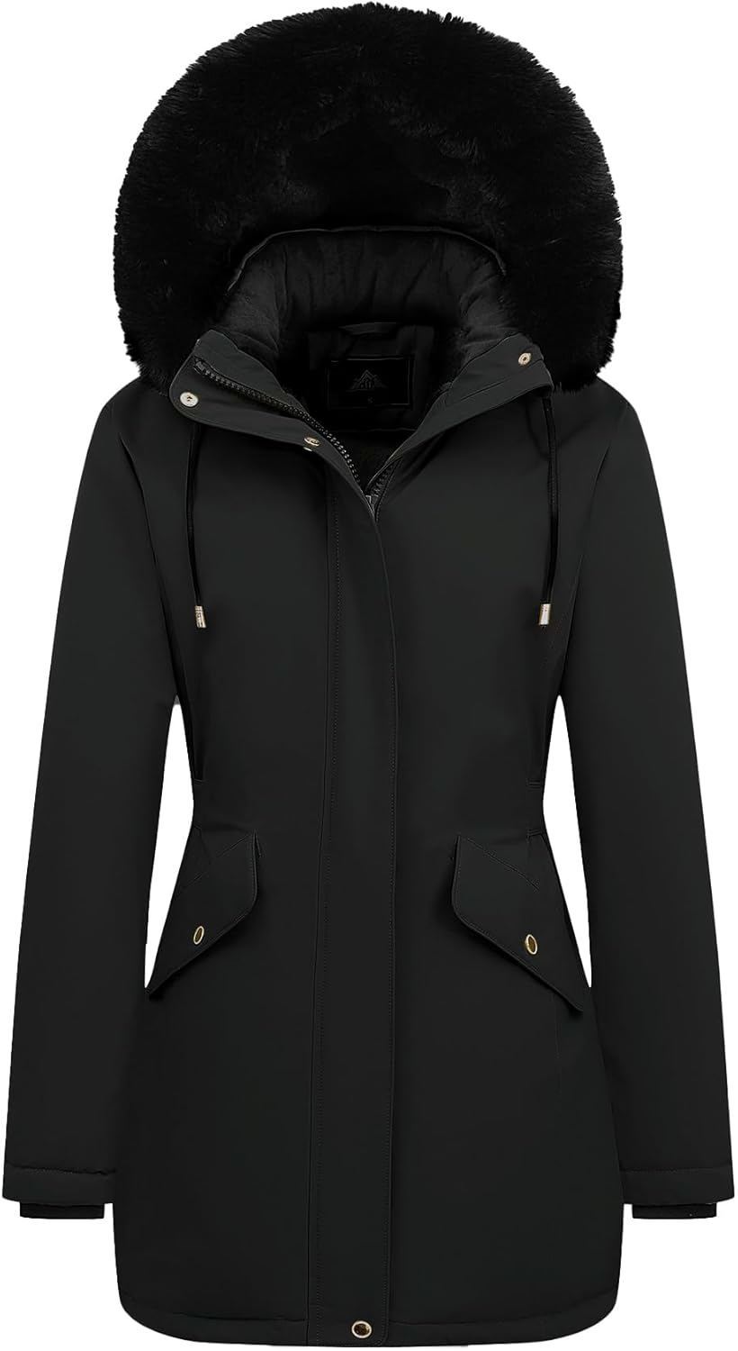 MOERDENG Women's Long Winter Down Coat Thicken Fleece Lined Parka Warm Puffer Jacket With Faux Fur Detachable Hood