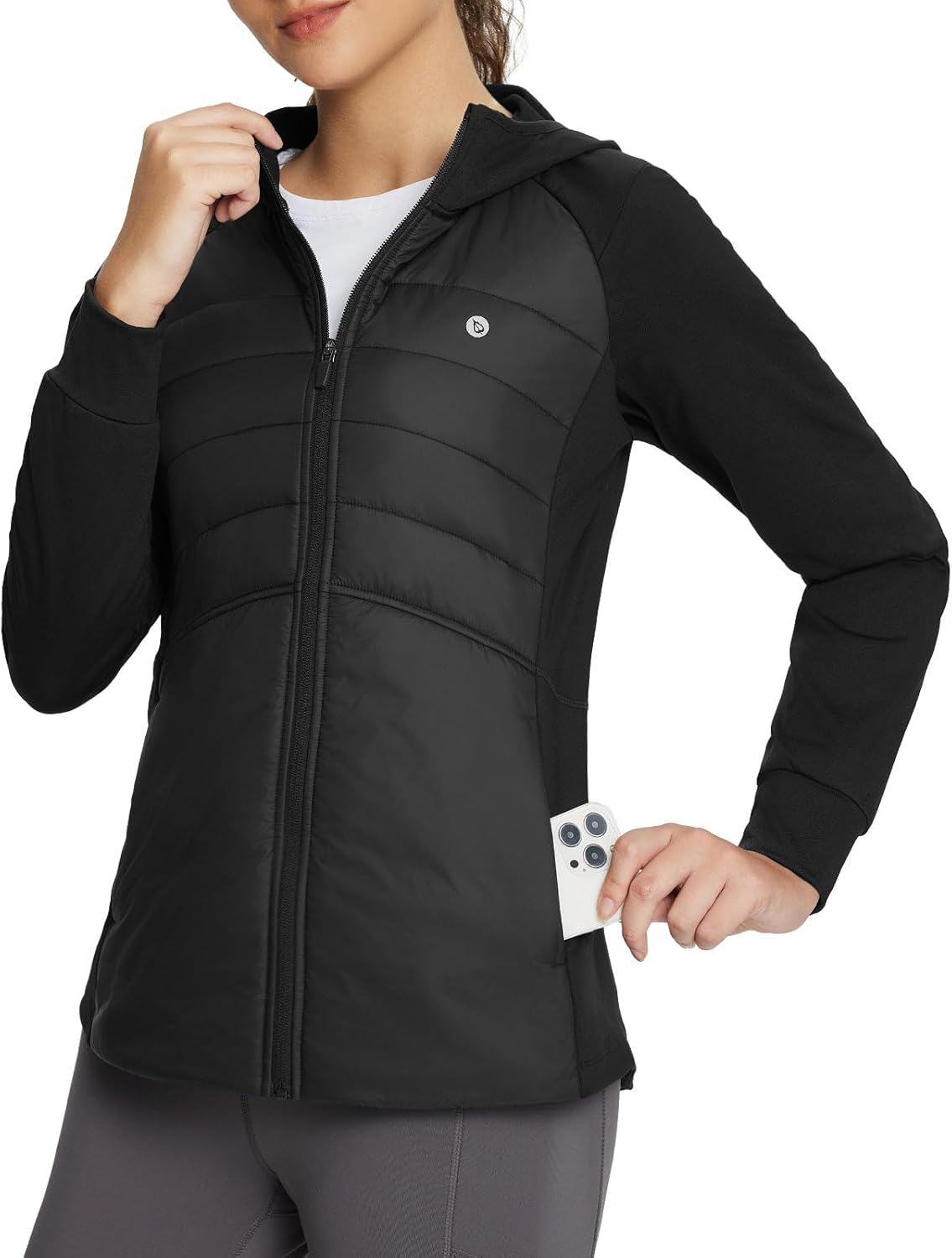 baleaf Women's Running Winter Jacket with Hood Warm Lightweight Insulated Hybrid Jackets Puffer Zip Pockets Hiking Skiing