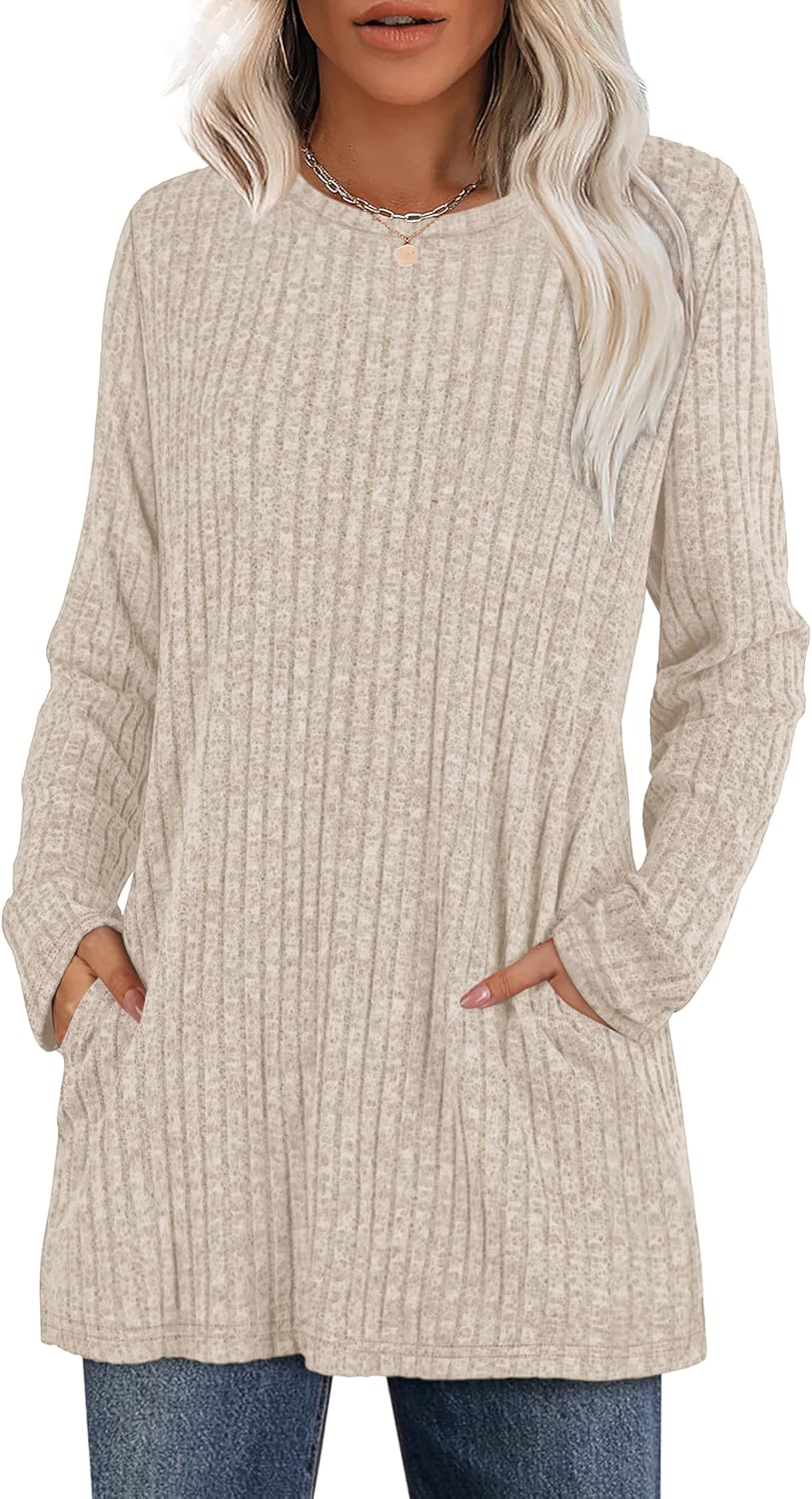 XIEERDUO Long Sleeve Shirts for Women Crewneck Tunic Tops Loose Fit Dressy Womens Sweaters with Pockets Fall Fashion 2025