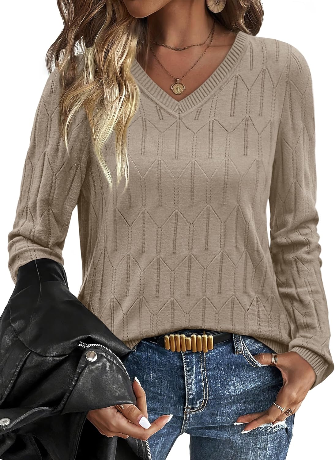 OFEEFAN Womens Sweaters Long Sleeve Shirts Fall Outfits 2025 V Neck Soft Knit Pullover Trendy Tops Dressy Casual Blouses