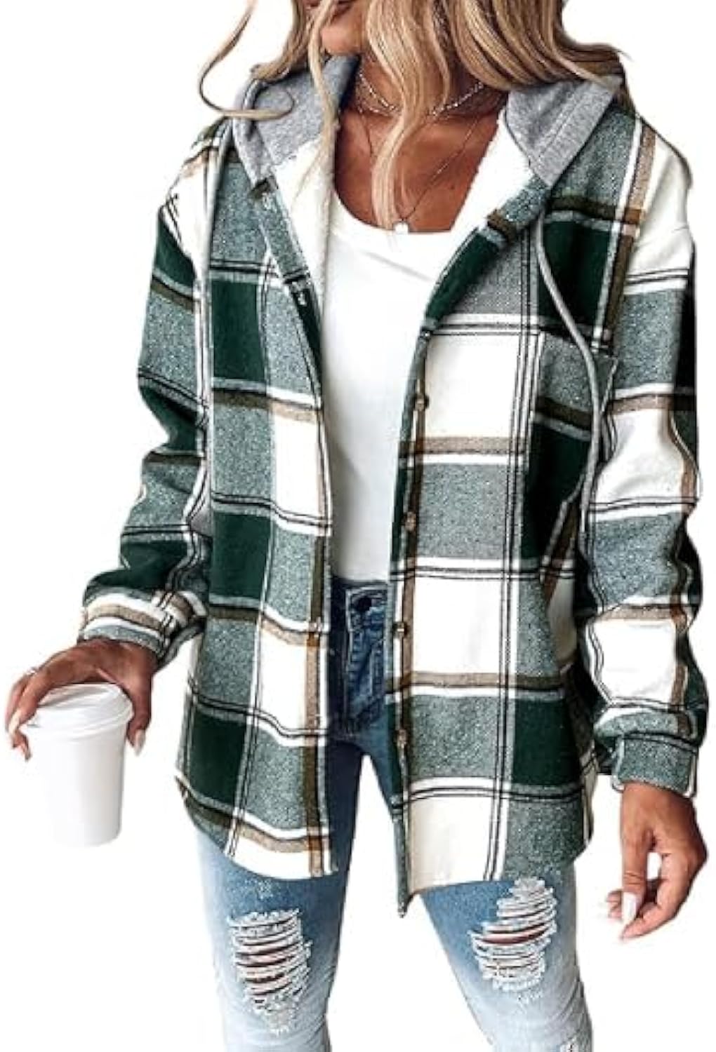 CHICME Womens Lightweight Casual Jacket 2025 Plaid Long Sleeve Shacket Fleece Lined Hooded Jackets Warm Coat