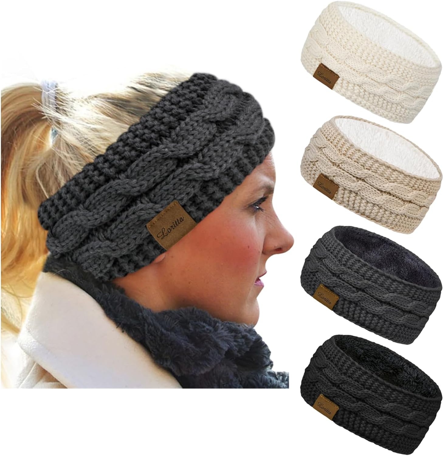Loritta 4 Pack Womens Winter Headbands Fuzzy Fleece Lined Ear Warmer Cable Knit Thick Warm Crochet Headband Gifts