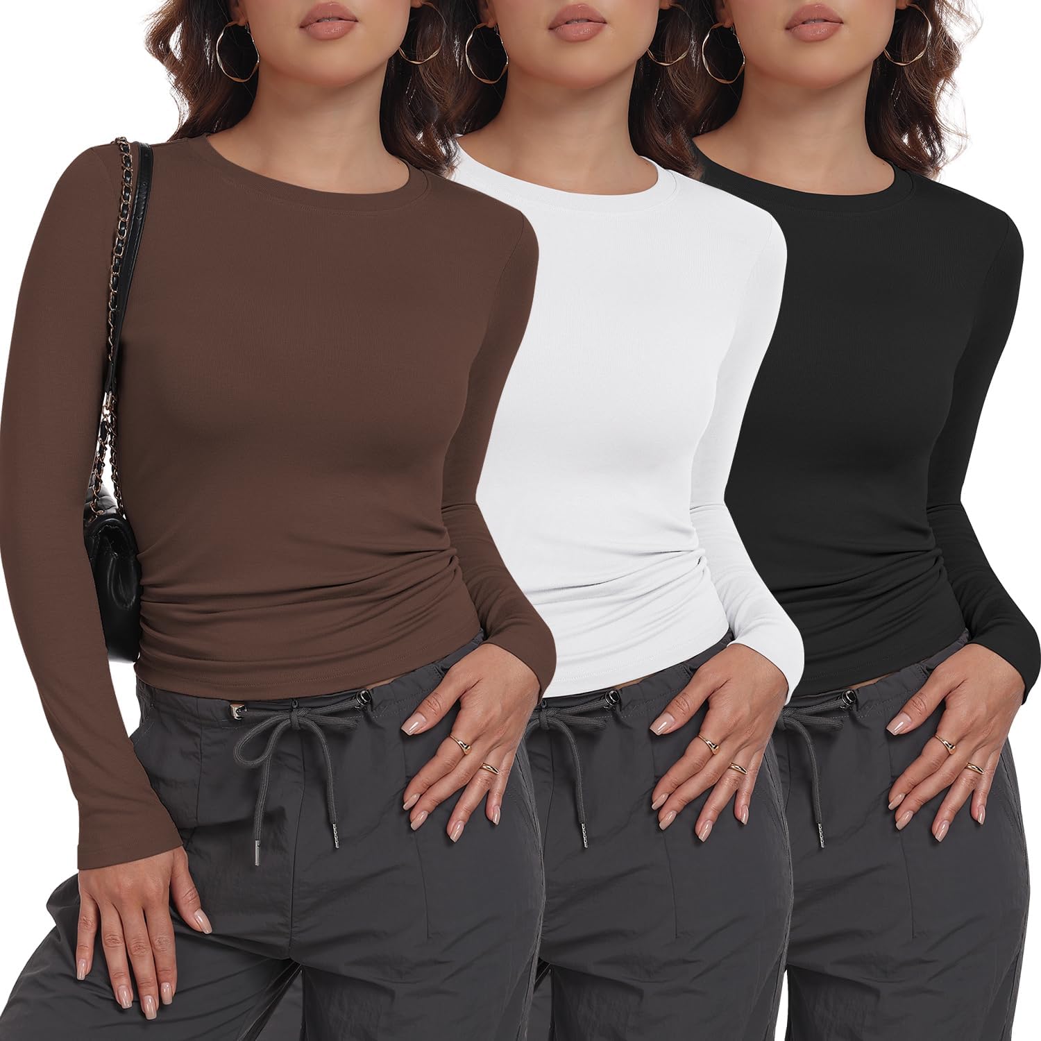MLYENX 3 Pack Womens Long Sleeve Shirts Crew Neck Basic Stretchy Fitted Y2K Tops Going Out Fashion Clothes