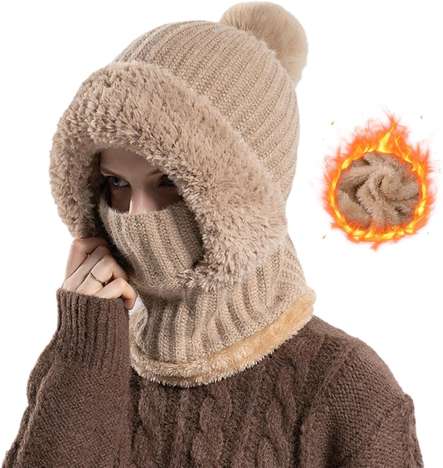 Sponsored Ad - 3 in 1 Beanie Hat for Women, Fleece Lined Knit Balaclava Scarf Set, Warm Winter Pom Hat for Cold Weather
