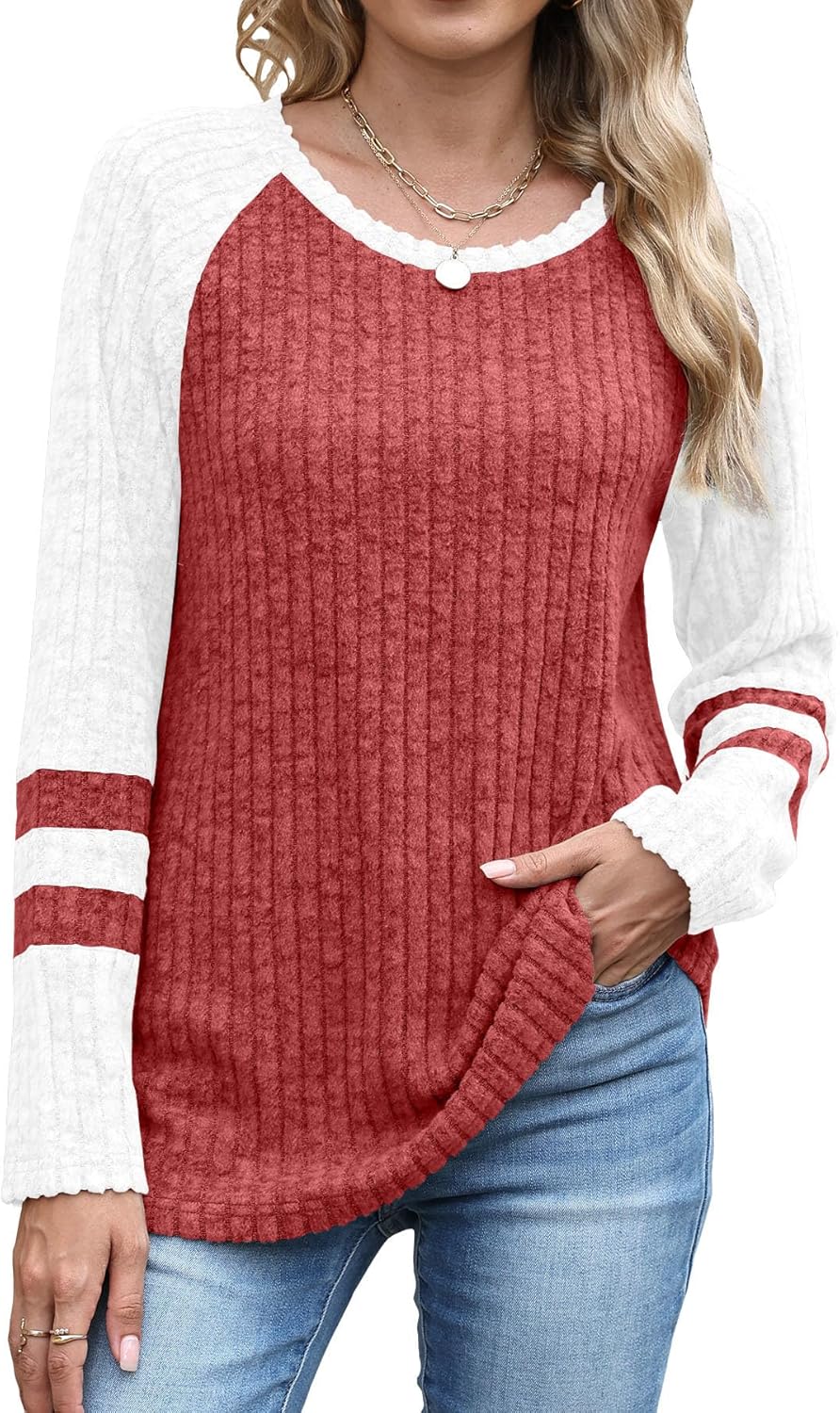 JomeDesign Womens Sweaters Long Sleeve Sweatshirts Color Block Casual Fall Shirts 2025 Trendy S-2XL