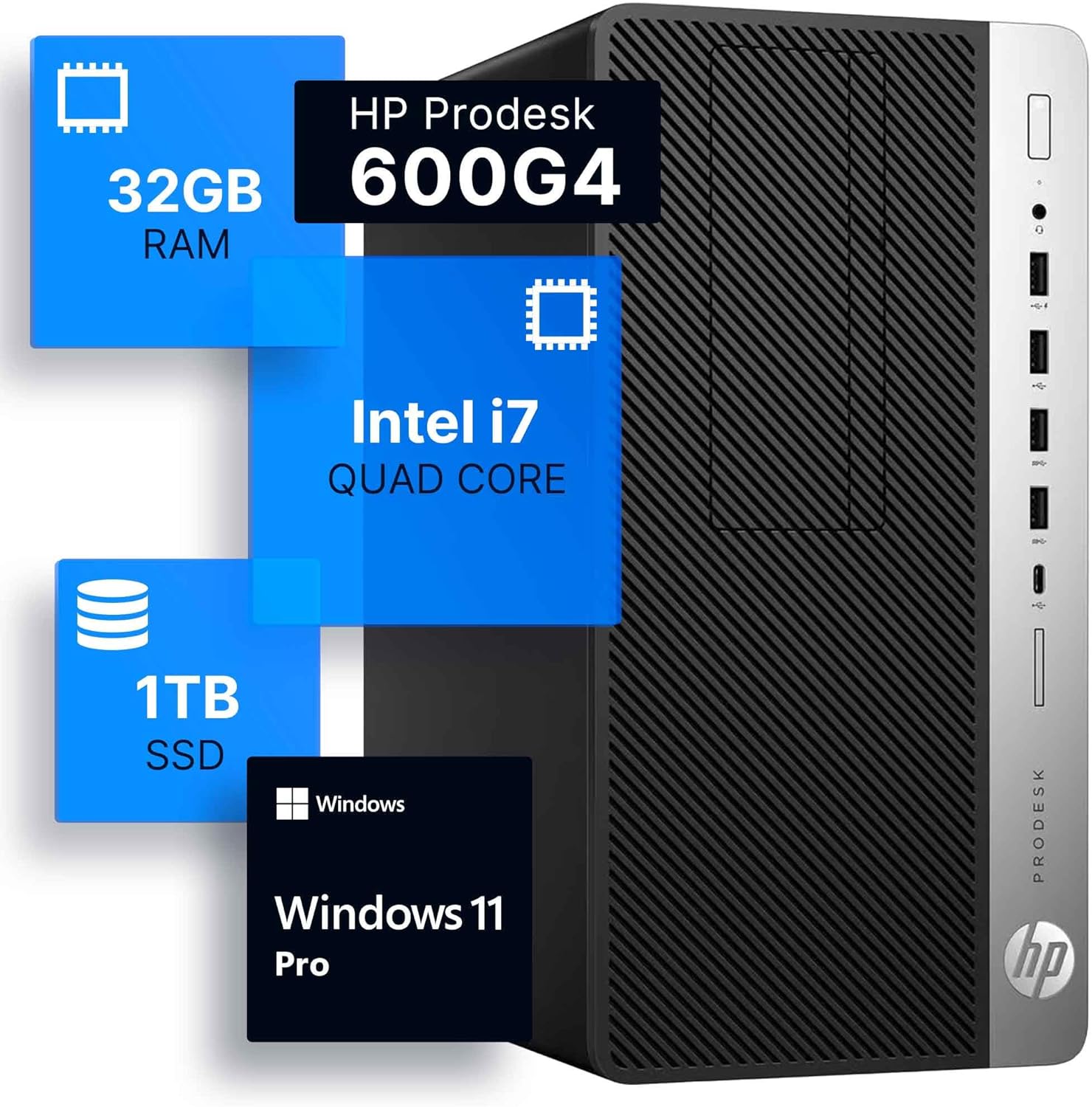 HP ProDesk 600G4 Tower Desktop Computer | Intel i7-8700 (3.4) | 32GB DDR4 RAM | 1TB SSD Solid State | Wi-Fi 5G + Bluetooth...