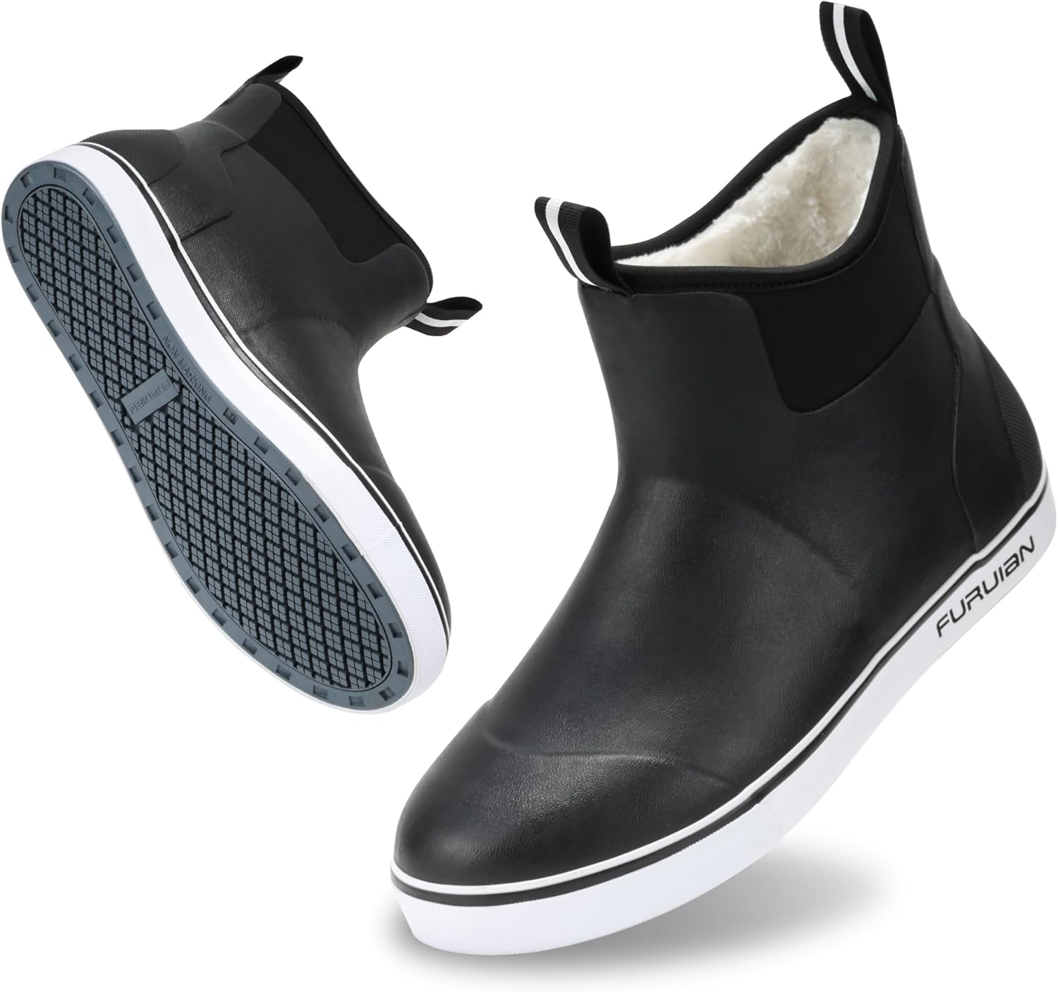 Furuian Men's Deck Boots with Fuzzy Lining Rubber Boots for Men Ankle Fishing Boots Mens Rain Boots Anti-slip Warm Winter ...