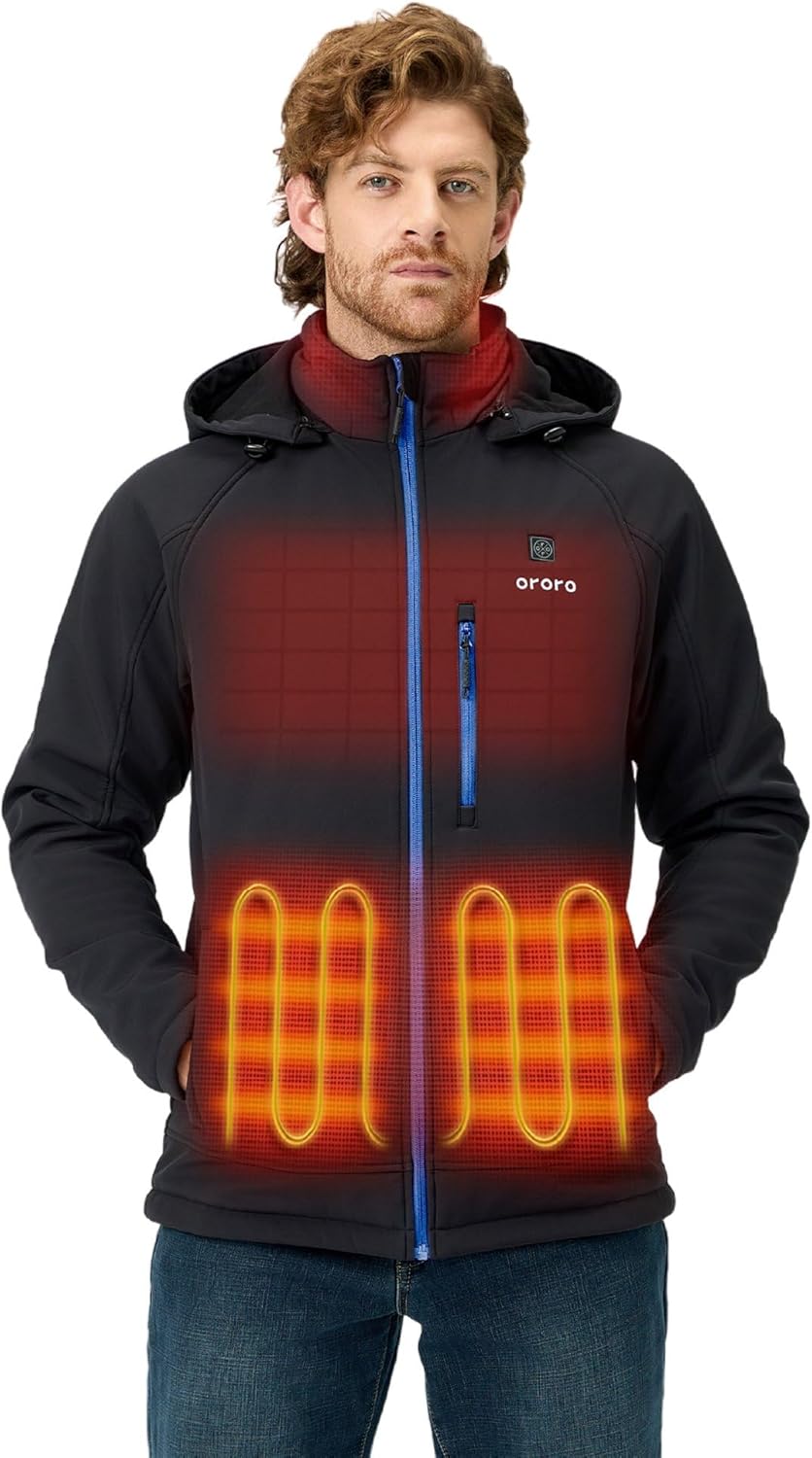 ORORO Men's 4 Heat-Zone Heated Jacket with USB-C Rechargeable Battery, Soft Shell Heated Jacket with Detachable Hood