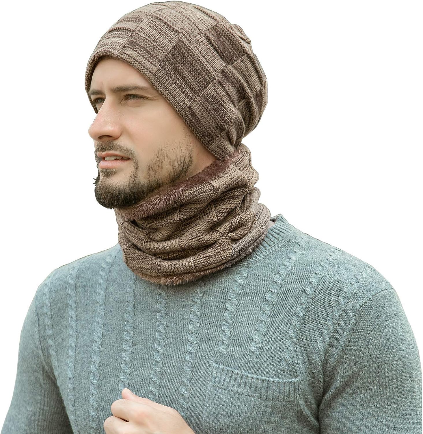 Mens Winter Beanie Hats Scarf Set Warm Knit Skull Cap Neck Warmer with Fleece Lined Winter Hat for Women