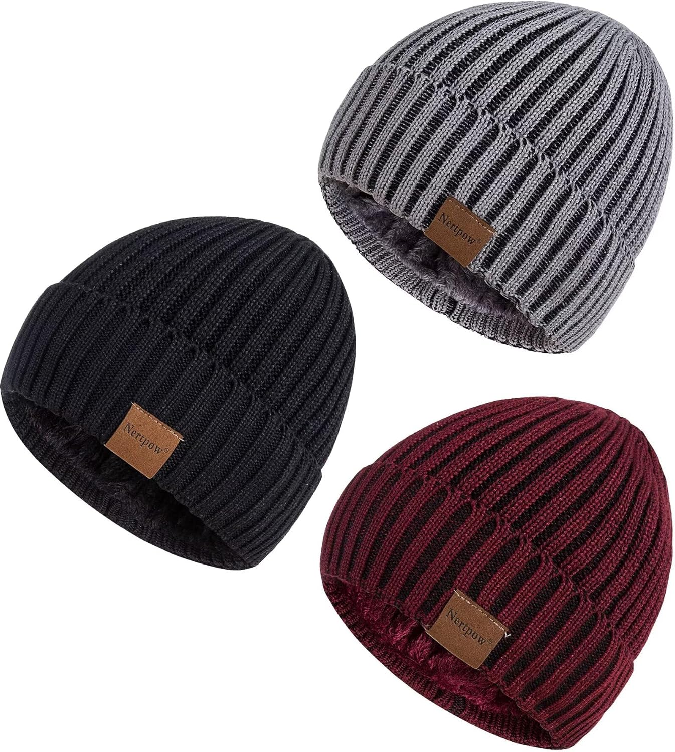 Nertpow Mens Beanie Hats 3 Pack, Winter Hats for Men Women Warm Thermal Fleece Lined, Thick Knit Fashion Skull Cap for Guys