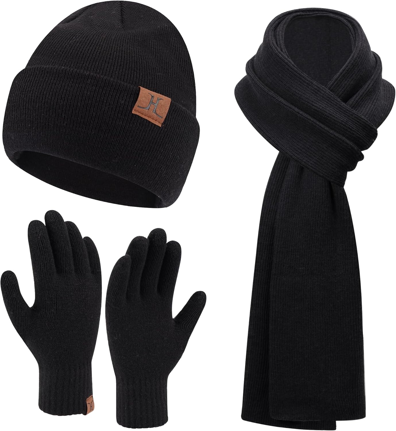 Mens Winter Warm Beanie Hats Long Scarf Neck Touchscreen Gloves Set Ribbed Knit Skull Caps Scarves Gloves for Women Man